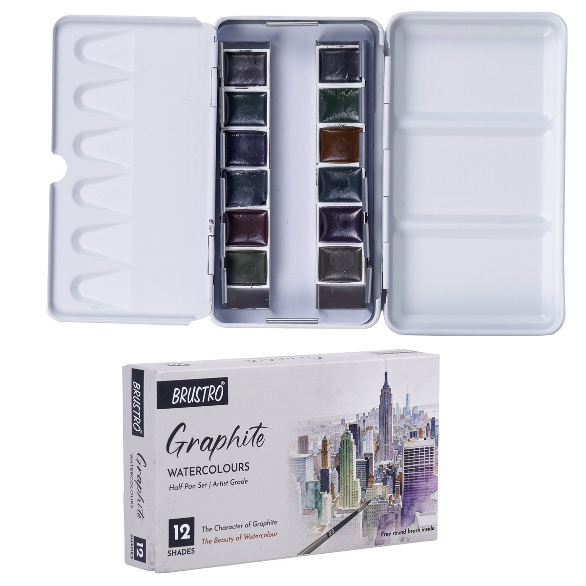 Brustro Artist Graphite Watercolours Half Pan Paint Set of 12 Shades w ...