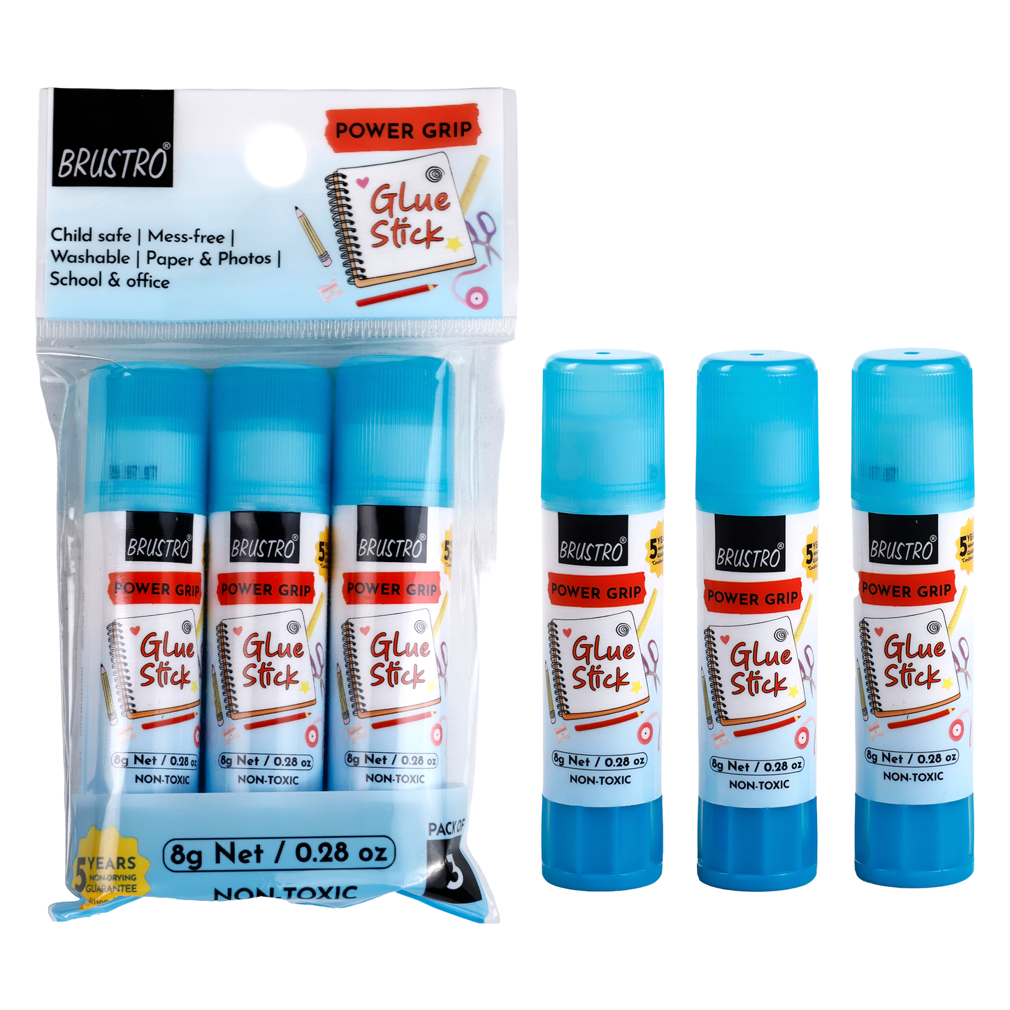 BRUSTRO Power Grip Glue Stick 8g, Pack of 3| Non-Toxic, Mess-Free Adhesive, Washable Glue for Paper, Photos & Crafts, DIY Projects, School and Office use