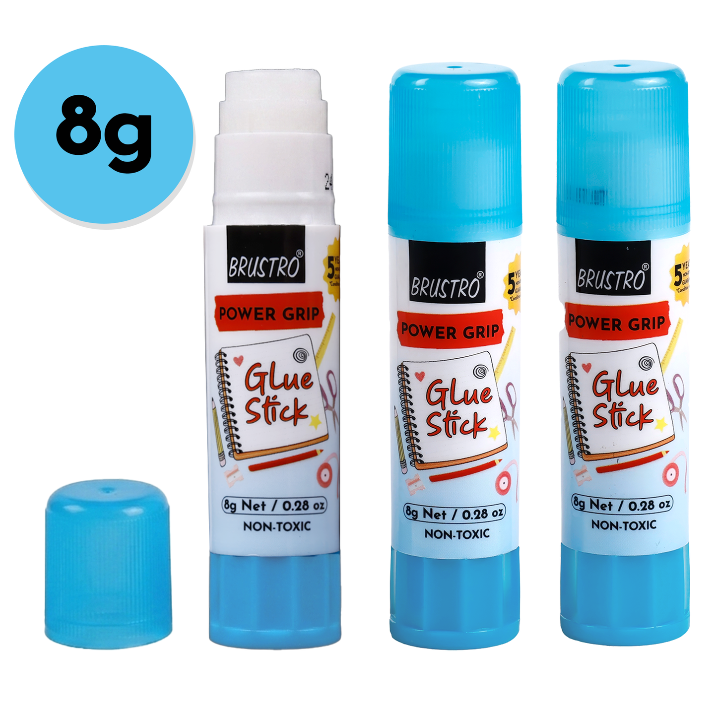 BRUSTRO Power Grip Glue Stick 8g, Pack of 3| Non-Toxic, Mess-Free Adhesive, Washable Glue for Paper, Photos & Crafts, DIY Projects, School and Office use