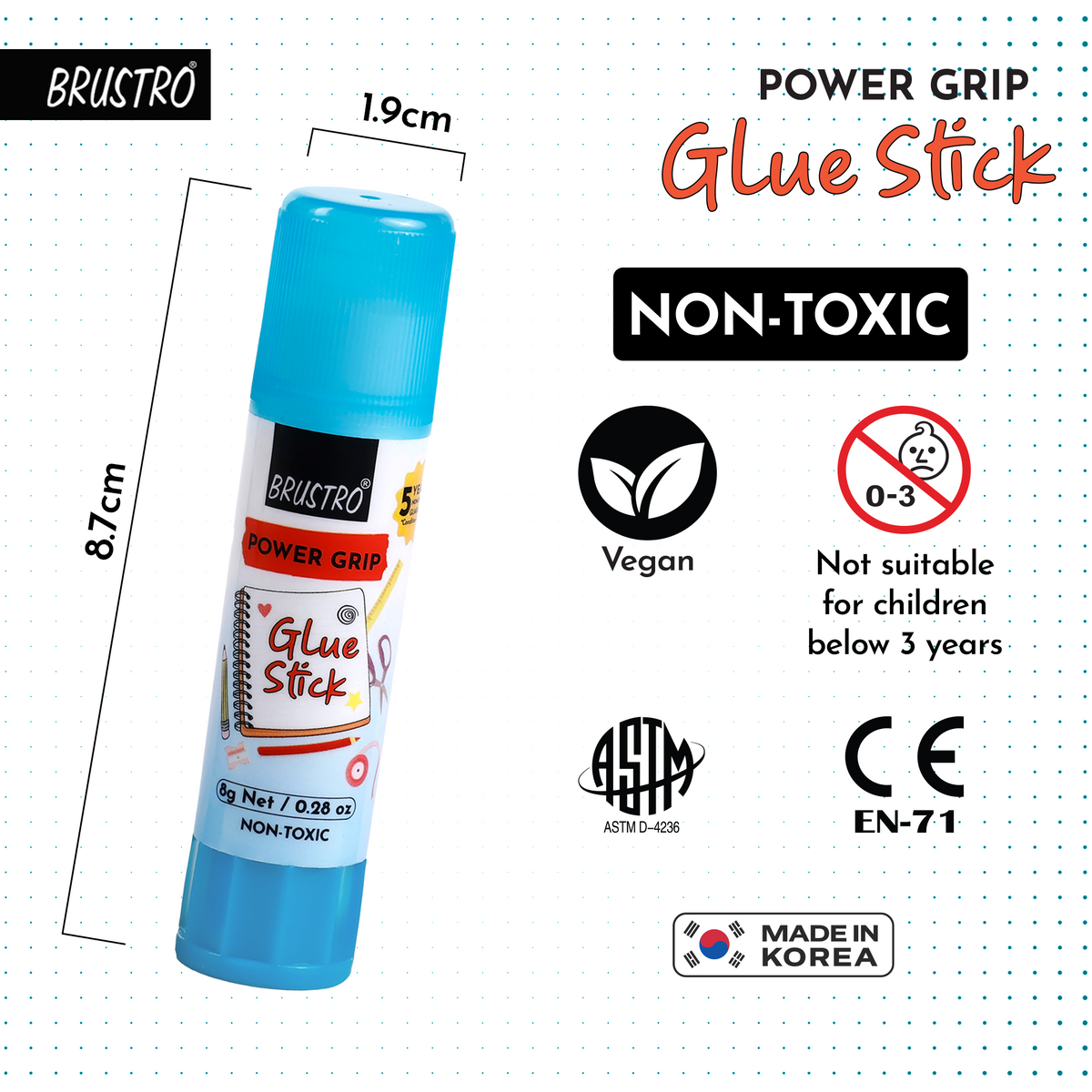 BRUSTRO Power Grip Glue Stick 8g, Pack of 3| Non-Toxic, Mess-Free Adhesive, Washable Glue for Paper, Photos & Crafts, DIY Projects, School and Office use