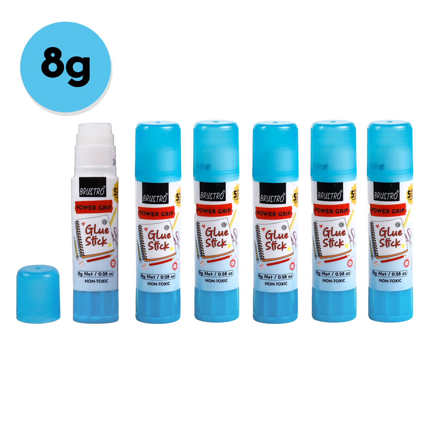 BRUSTRO Power Grip Glue Stick 8g, Pack of 6 | Non-Toxic, Mess-Free Adhesive, Washable Glue for Paper, Photos & Crafts, DIY Projects, School and Office use