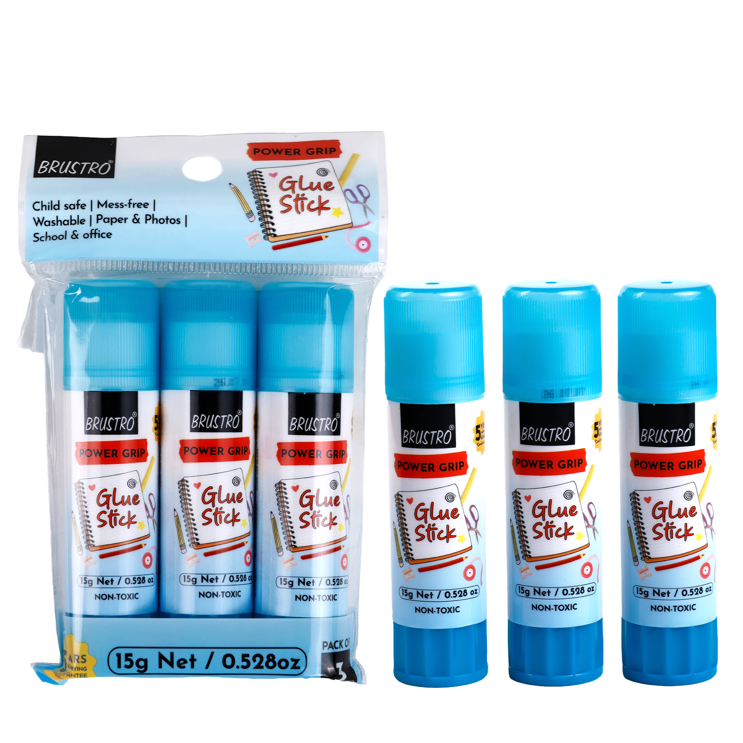 BRUSTRO Power Grip Glue Stick 15g, Pack of 3| Non-Toxic, Mess-Free Adhesive, Washable Glue for Paper, Photos & Crafts, DIY Projects, School and Office use