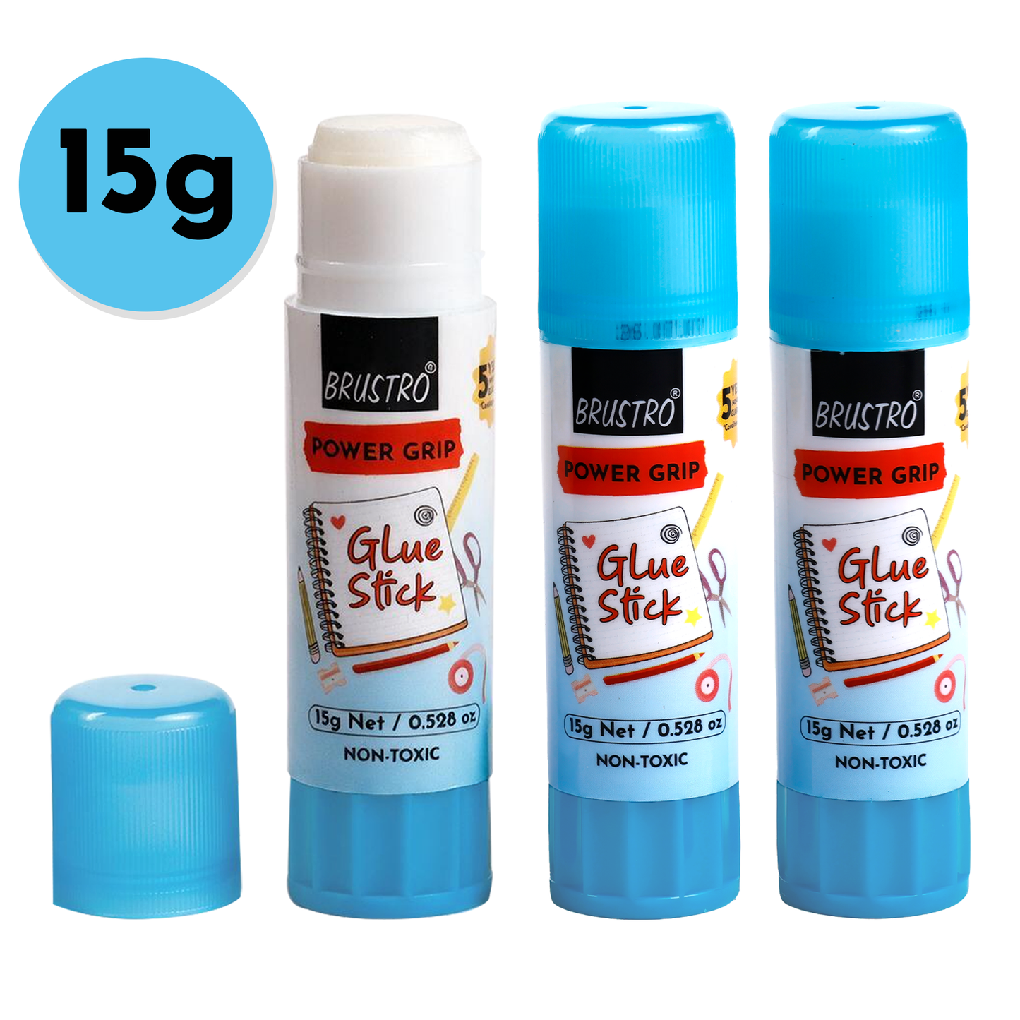 BRUSTRO Power Grip Glue Stick 15g, Pack of 3| Non-Toxic, Mess-Free Adhesive, Washable Glue for Paper, Photos & Crafts, DIY Projects, School and Office use