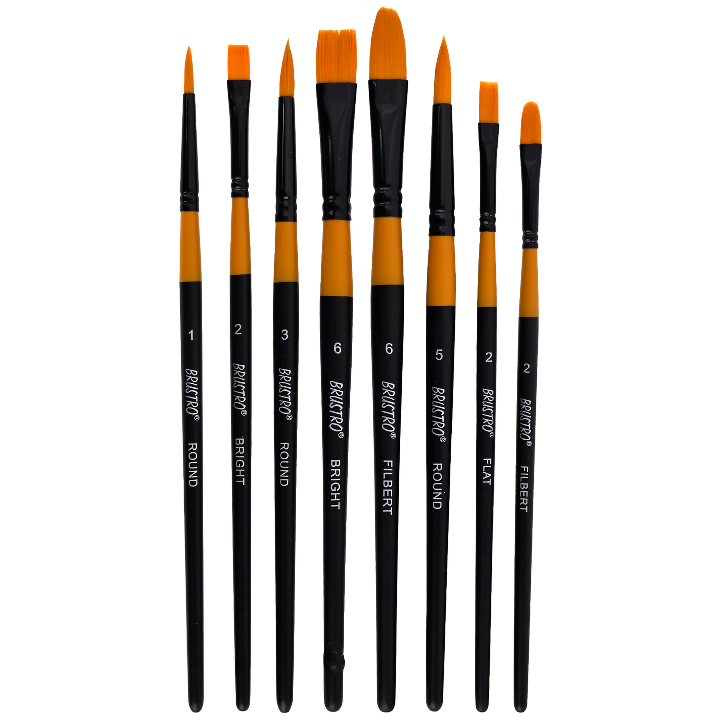 BRUSTRO Gold Taklon Artist Brush | Set of 8 |Sizes - Round (1,3,5), Bright (2,6), Filbert (2,6), and Flat (2)| Ergonomic Design,Short Handle,Ideal for Acrylic Watercolour,Oil Paintings,School, Artists