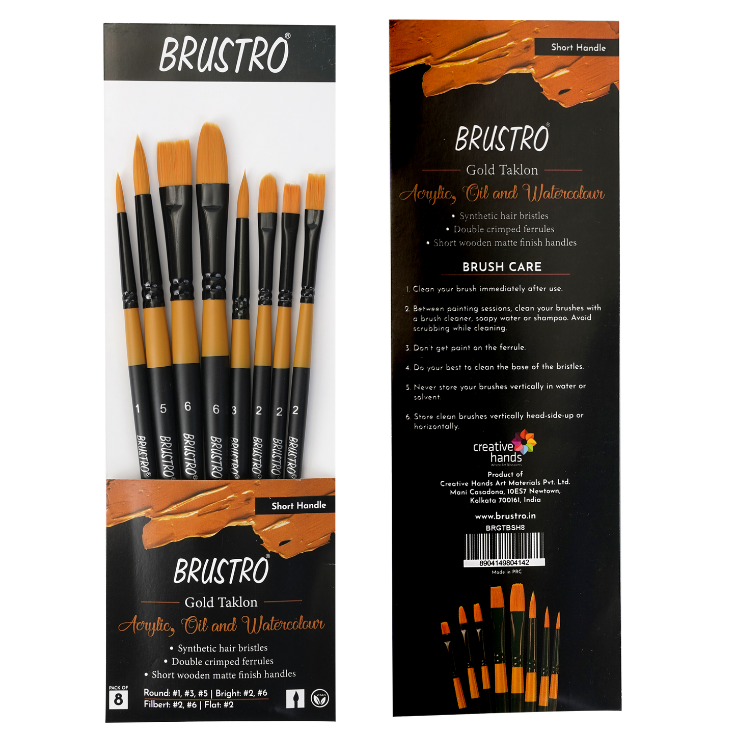 BRUSTRO Gold Taklon Artist's Brushes | Set of 8 | Sizes - Round (1,3,5), Bright (2,6), Filbert (2,6), and Flat (2) | Matte finish, Ideal for Acrylic, Watercolour, Oil Paintings, School, Office Use.