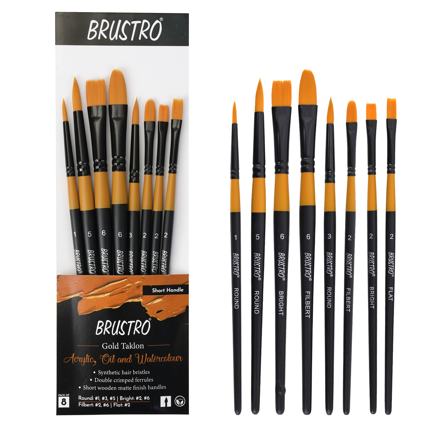 BRUSTRO Gold Taklon Artist Brush | Set of 8 |Sizes - Round (1,3,5), Bright (2,6), Filbert (2,6), and Flat (2)| Ergonomic Design,Short Handle,Ideal for Acrylic Watercolour,Oil Paintings,School, Artists