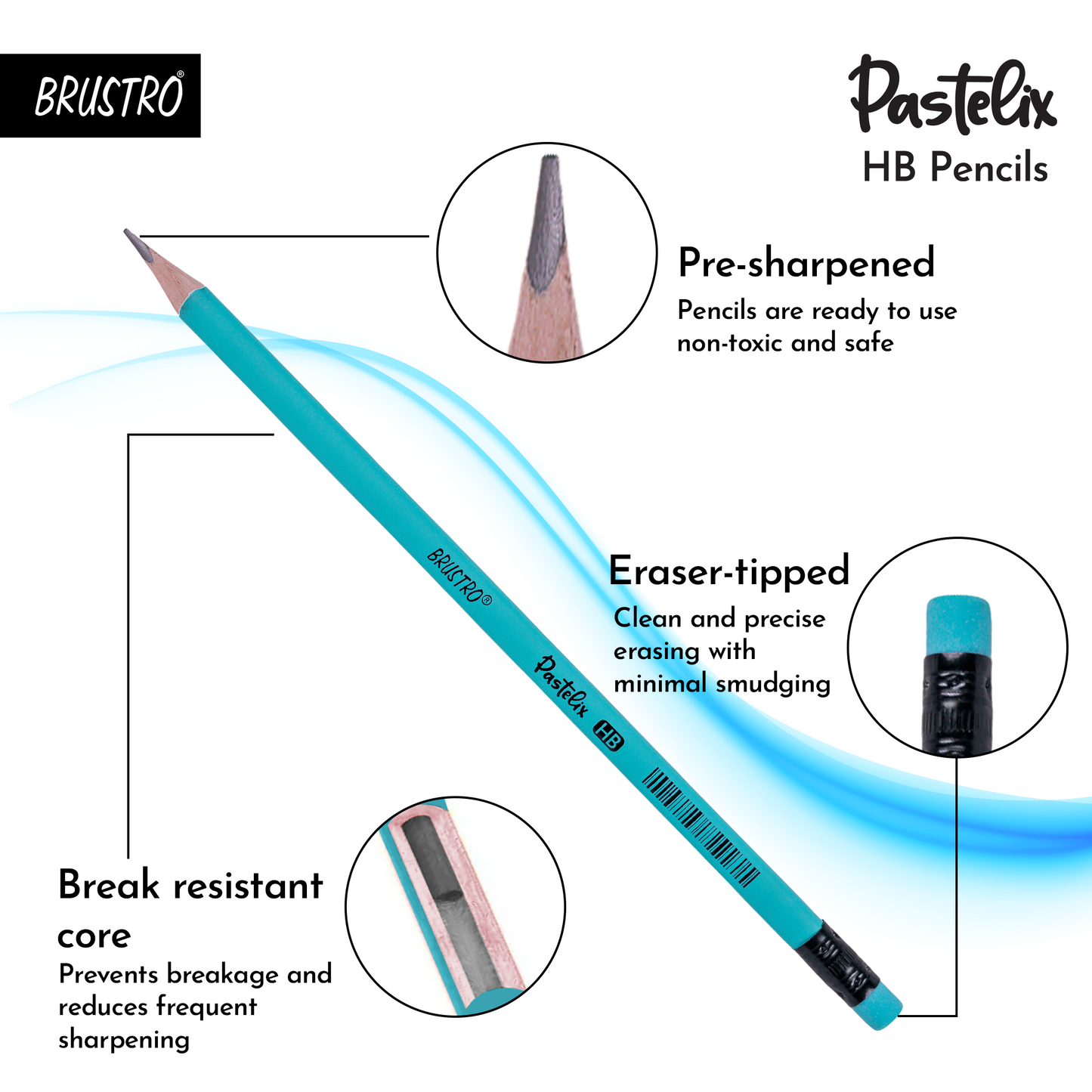 Brustro Pastelix HB Pencils|Pack of 30 (5 Colours x 6 Pencils), 2.2mm Lead With Latex free Rubber,Pre-Sharpened,Smooth Handwriting|Ideal For Sketching,Shading,Drawing,Portrait for Artist,Professionals