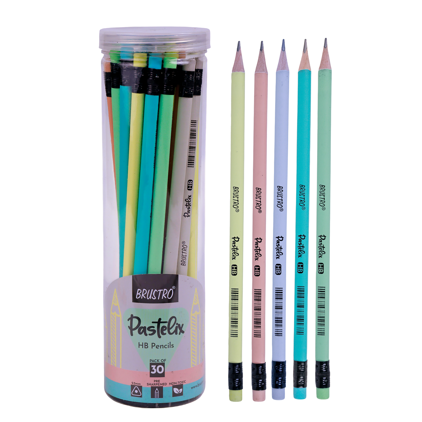 Brustro Pastelix HB Pencils|Pack of 30 (5 Colours x 6 Pencils), 2.2mm Lead With Latex free Rubber,Pre-Sharpened,Smooth Handwriting|Ideal For Sketching,Shading,Drawing,Portrait for Artist,Professionals