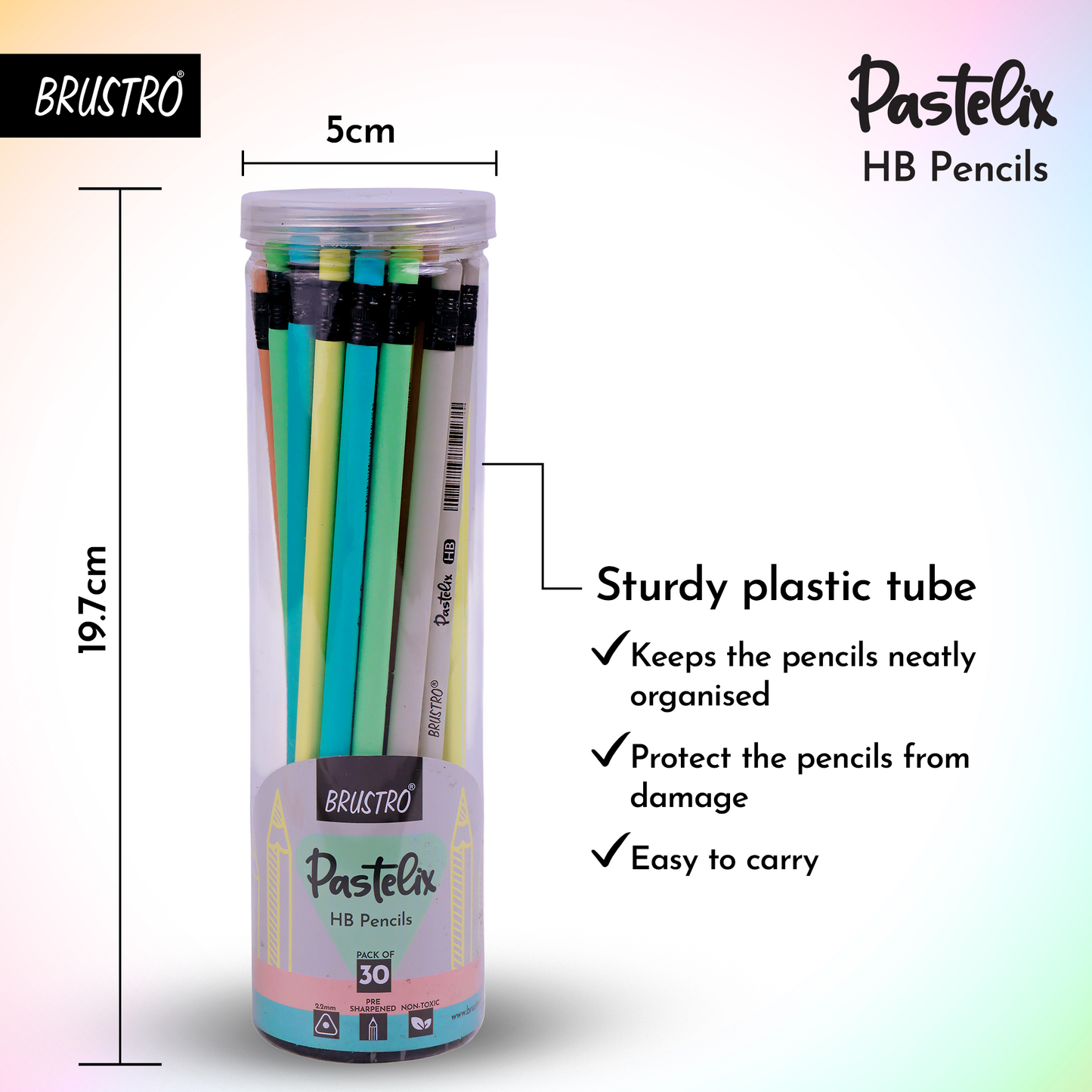 Brustro Pastelix HB Pencils|Pack of 30 (5 Colours x 6 Pencils), 2.2mm Lead With Latex free Rubber,Pre-Sharpened,Smooth Handwriting|Ideal For Sketching,Shading,Drawing,Portrait for Artist,Professionals
