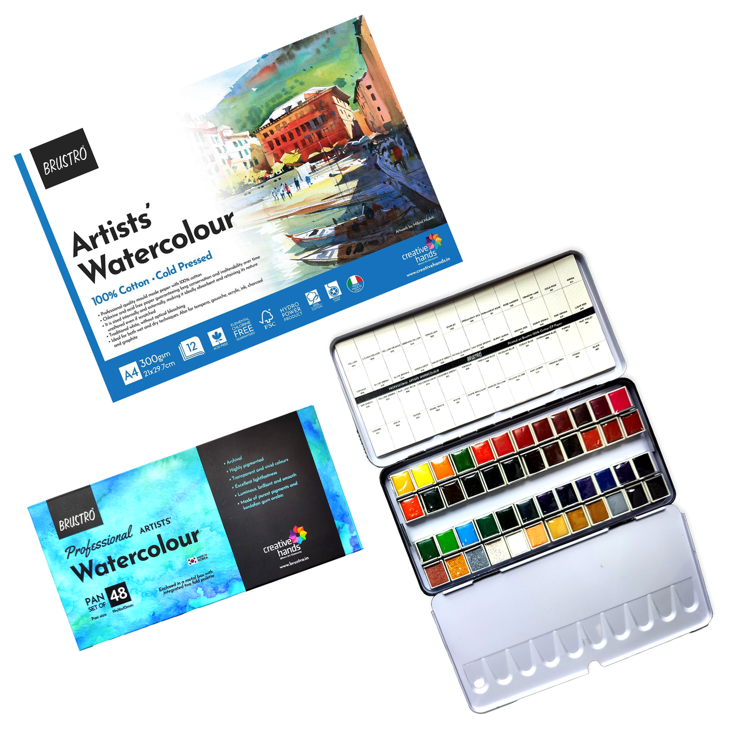 BRUSTRO Professional Artists Watercolor 48 Half Pan Set With 100% Cotton Watercolour Paper Pad, Cold Pressed, 300 GSM 12 Sheets, A4 (8.3x11.7 inches)