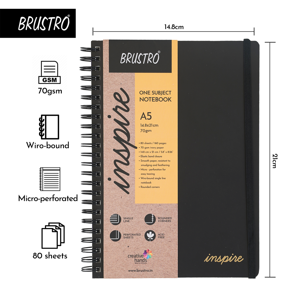 BRUSTRO Inspire A5 Size, 1 Subject Ruled Notebook, 80 sheets / 160 pages, 70 gsm ivory paper, Black cover