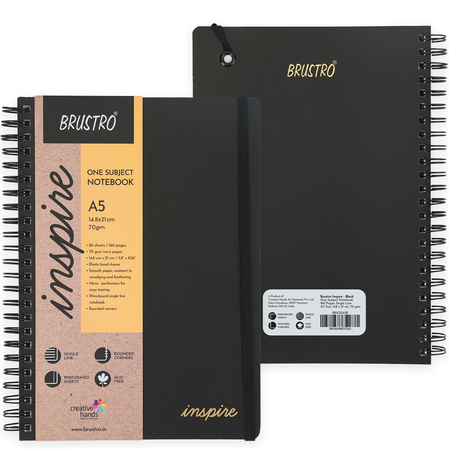 BRUSTRO Inspire A5 Size, 1 Subject Ruled Notebook, 80 sheets / 160 pages, 70 gsm ivory paper, Black cover