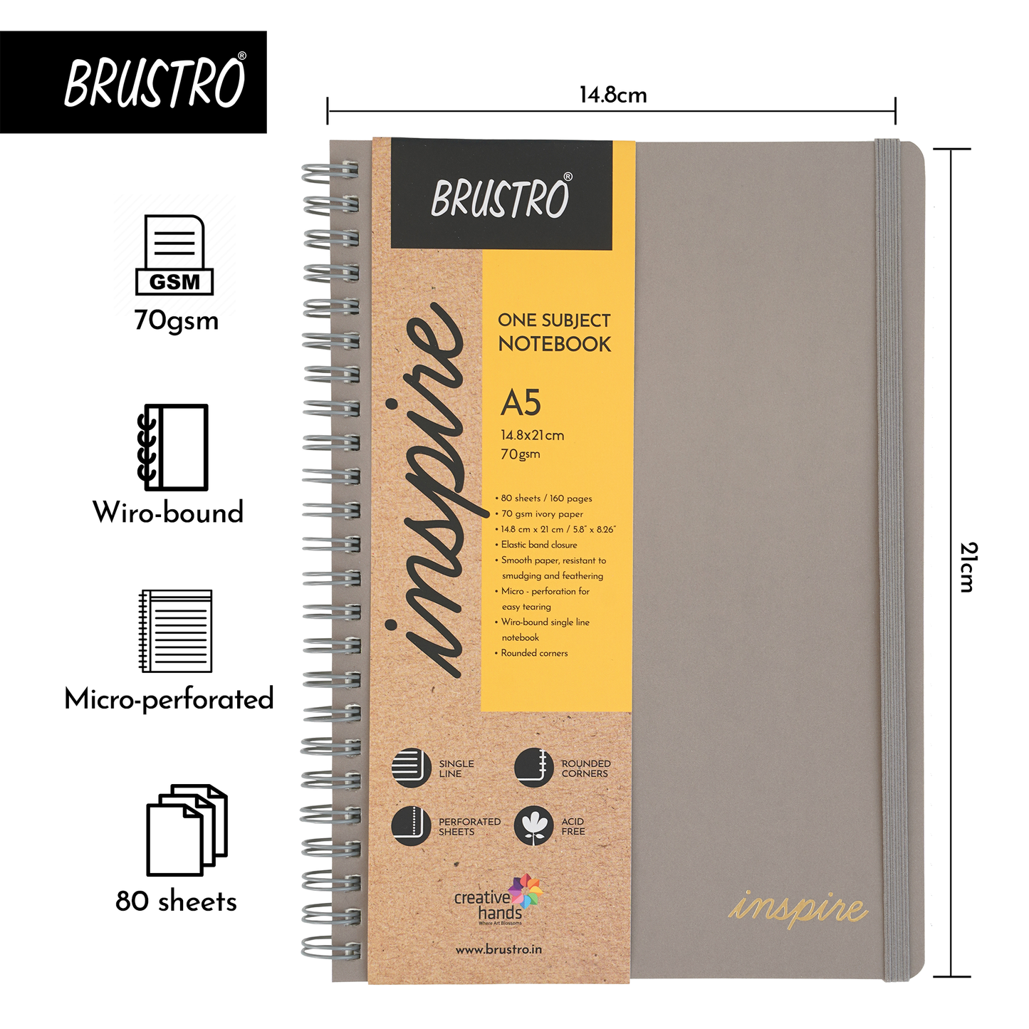 BRUSTRO Inspire A5 Size, 1 Subject Ruled Notebooks (Set of 2), 80 sheets/160 pages, 70 gsm ivory paper, Black/Grey Velvety Touch Cover