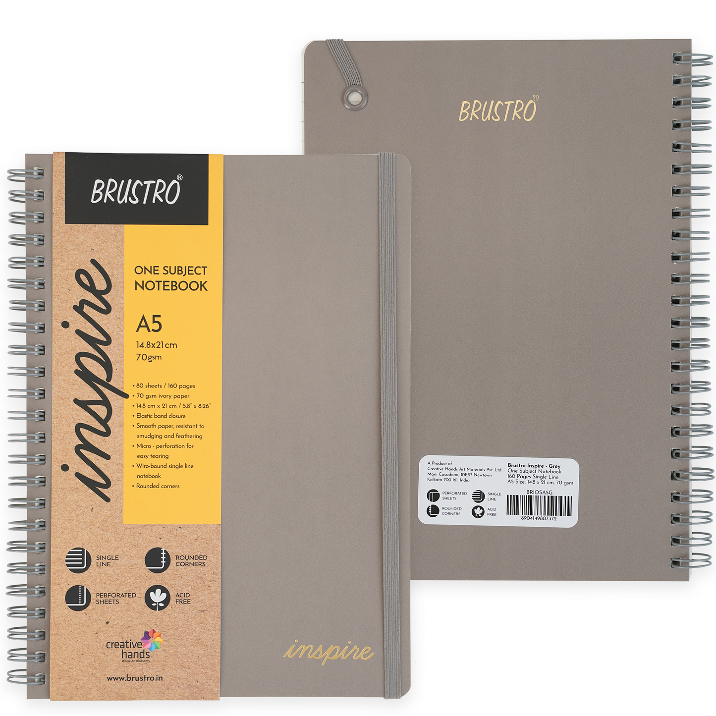 BRUSTRO Inspire A5 Size, 1 Subject Ruled Notebook, 80 sheets / 160 pages, 70 gsm ivory paper, grey cover