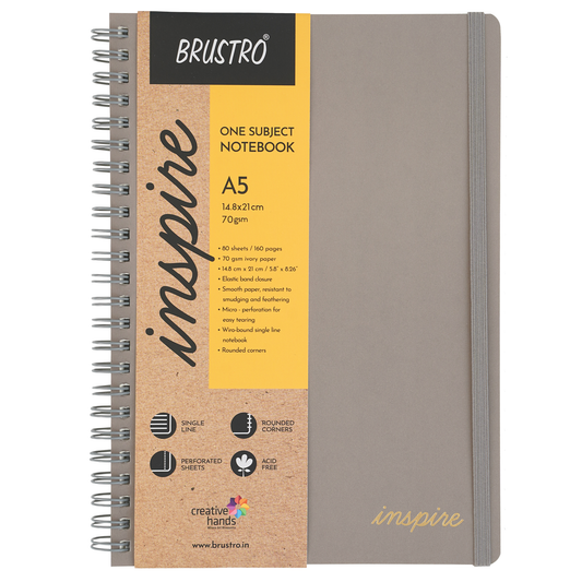 BRUSTRO Inspire A5 Size, 1 Subject Ruled Notebook, 80 sheets / 160 pages, 70 gsm ivory paper, grey cover