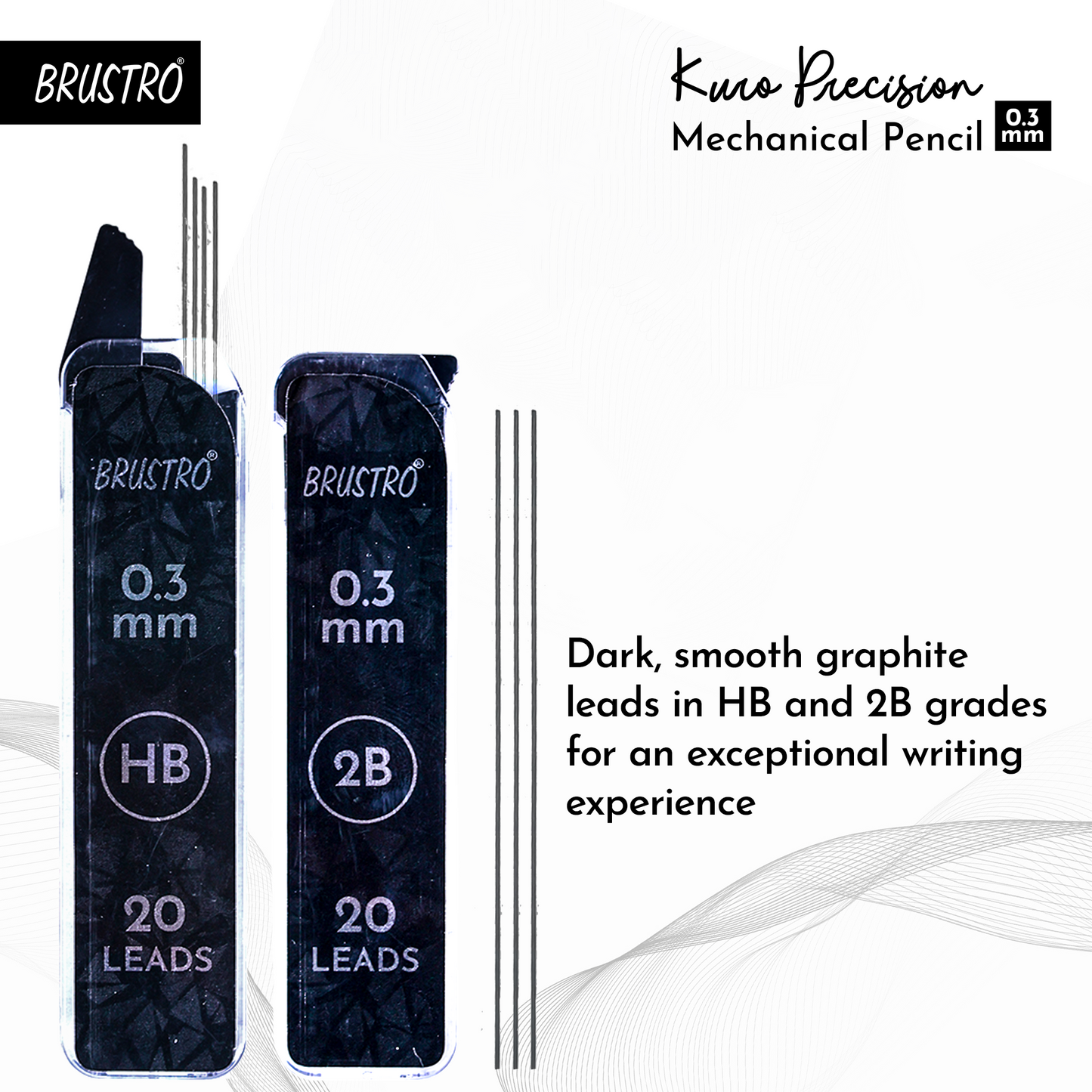 Brustro Kuro Precision Mechanical Pencil | Tip Size - 0.3mm With 20 - HB and 20 - 2B leads , 3 Eraser Refills