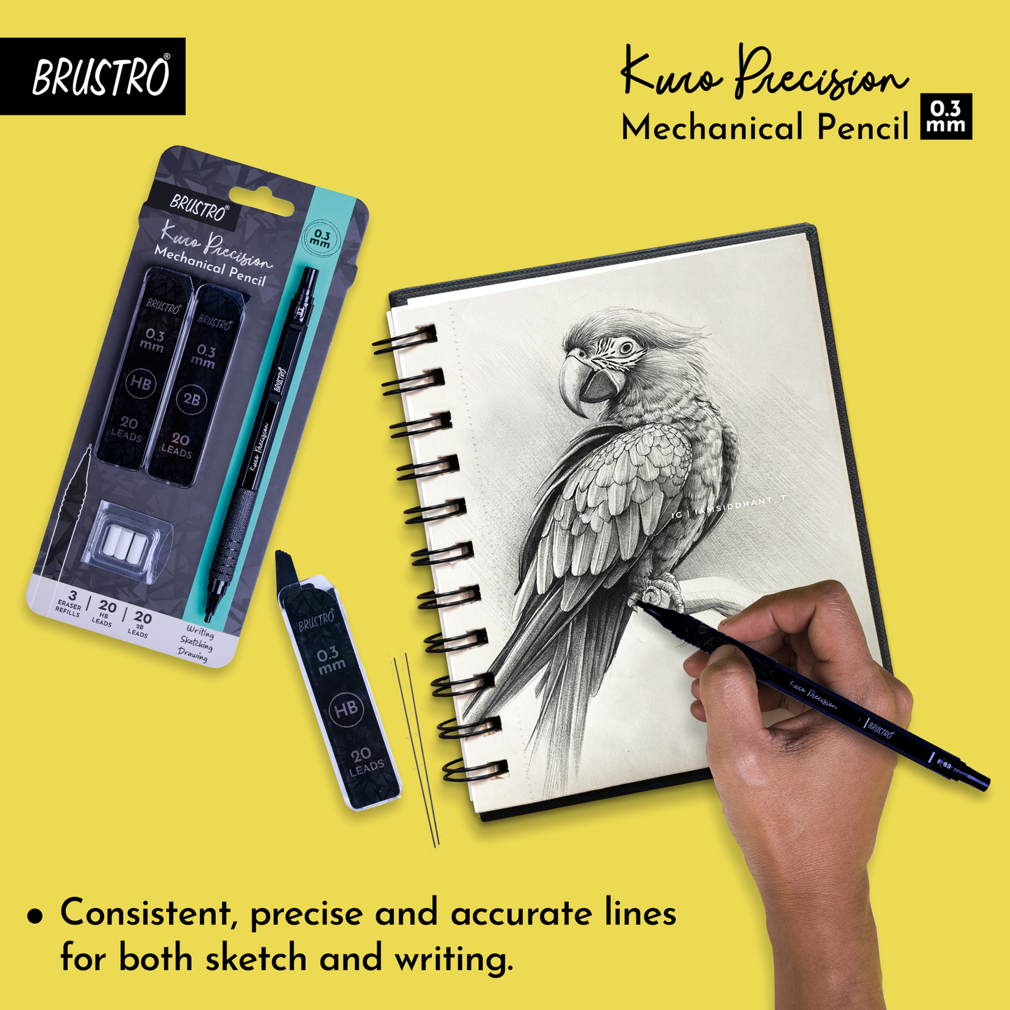 Brustro Kuro Precision Mechanical Pencil | Tip Size - 0.3mm With 20 - HB and 20 - 2B leads , 3 Eraser Refills