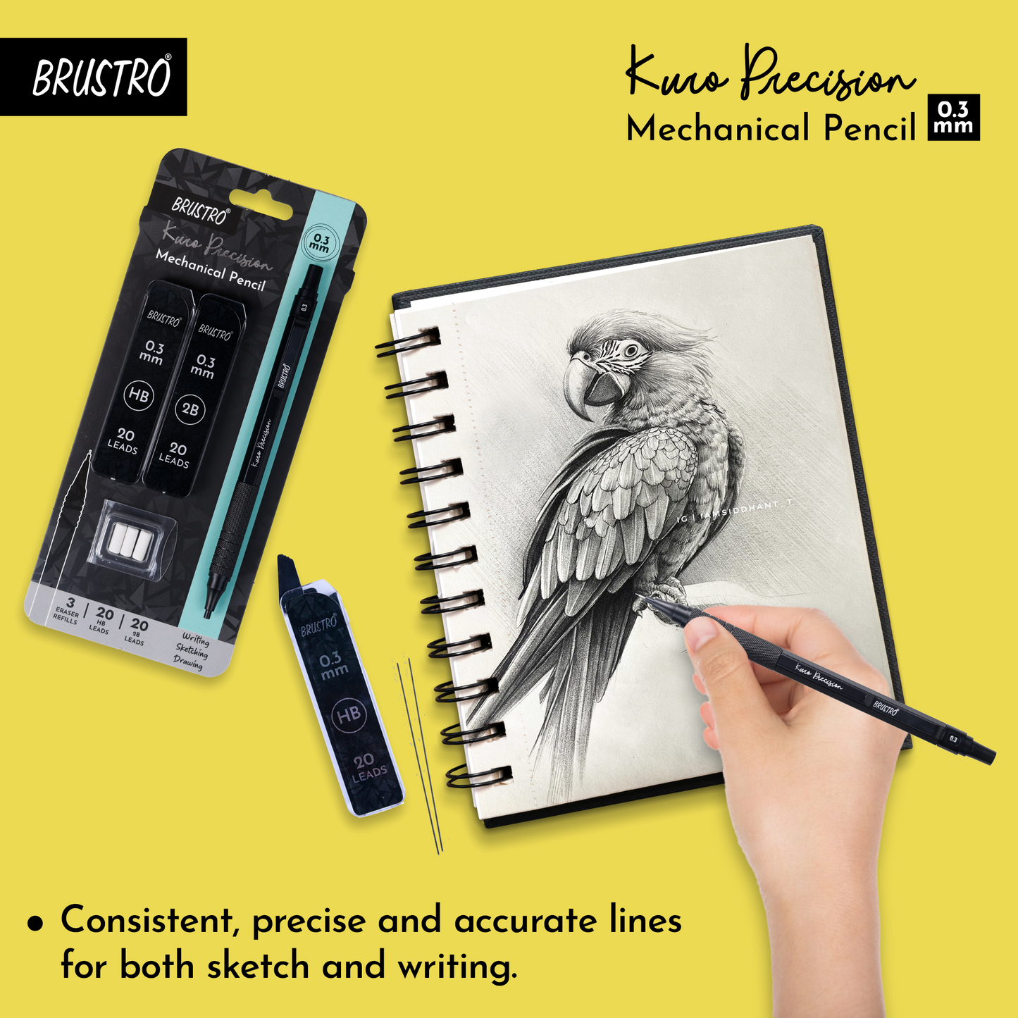 Brustro Kuro Precision Mechanical Pencil | Tip Size - 0.3mm With 20 - HB and 20 - 2B leads , 3 Eraser Refills