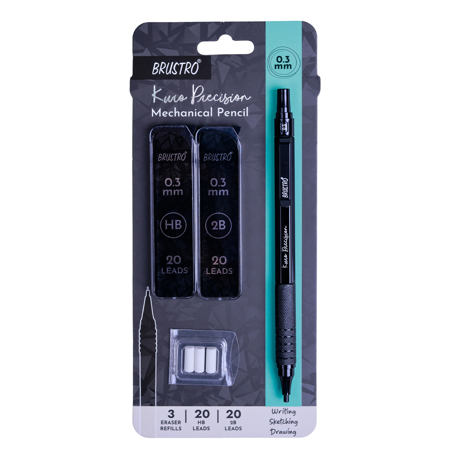 Brustro Kuro Precision Mechanical Pencil | Tip Size - 0.3mm With 20 - HB and 20 - 2B leads , 3 Eraser Refills| Ideal For Writing, Sketching, Drawing, Mandala Arts and Fine Art Students