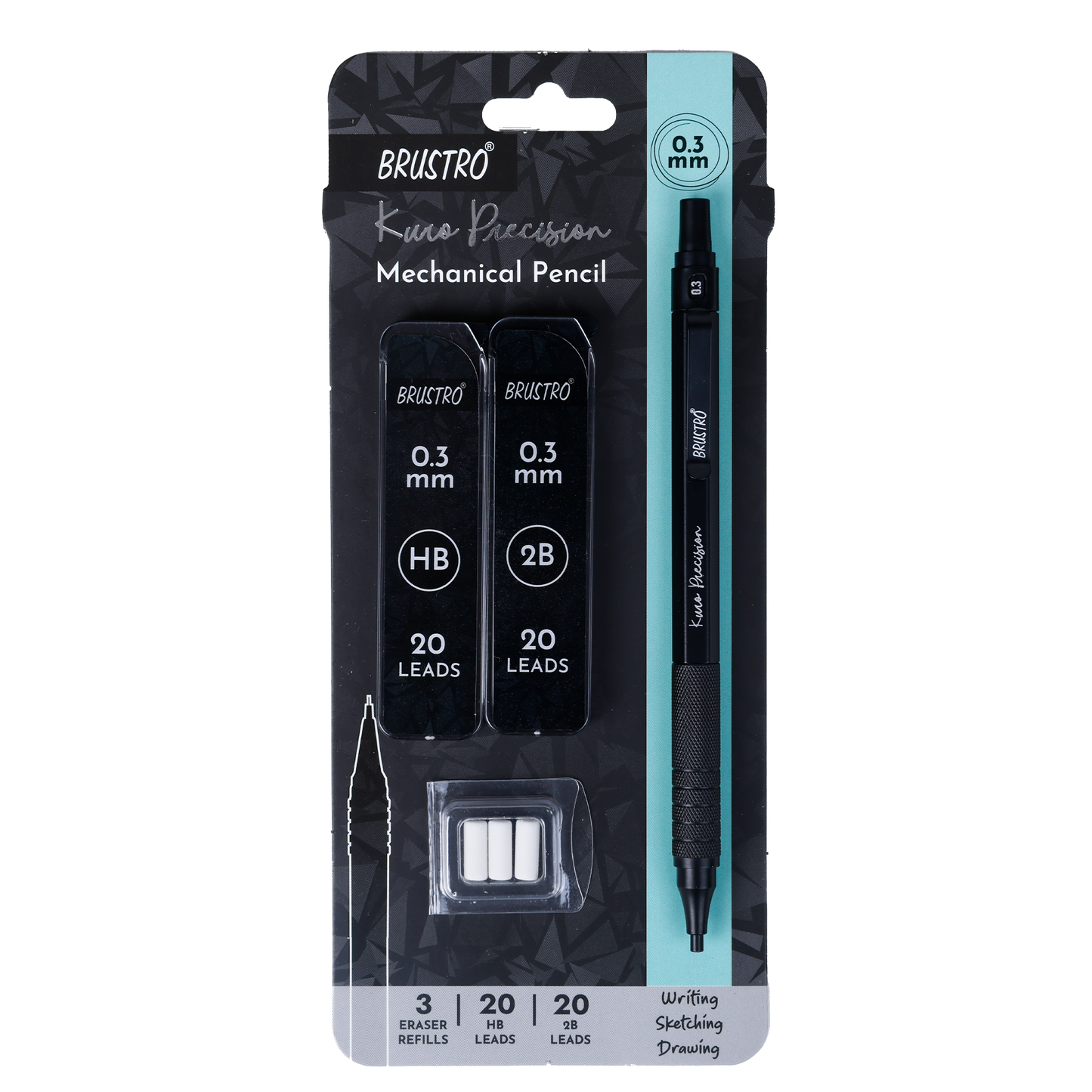 Brustro Kuro Precision Mechanical Pencil | Tip Size - 0.3mm With 20 - HB and 20 - 2B leads , 3 Eraser Refills