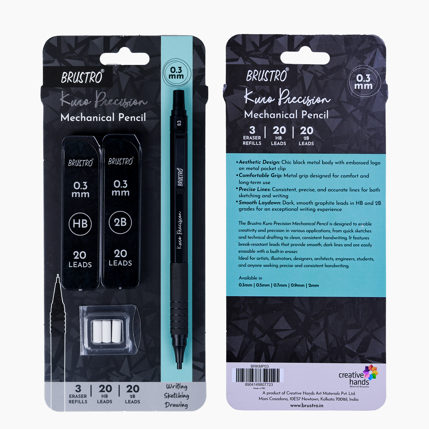 Brustro Kuro Precision Mechanical Pencil | Tip Size - 0.3mm With 20 - HB and 20 - 2B leads , 3 Eraser Refills