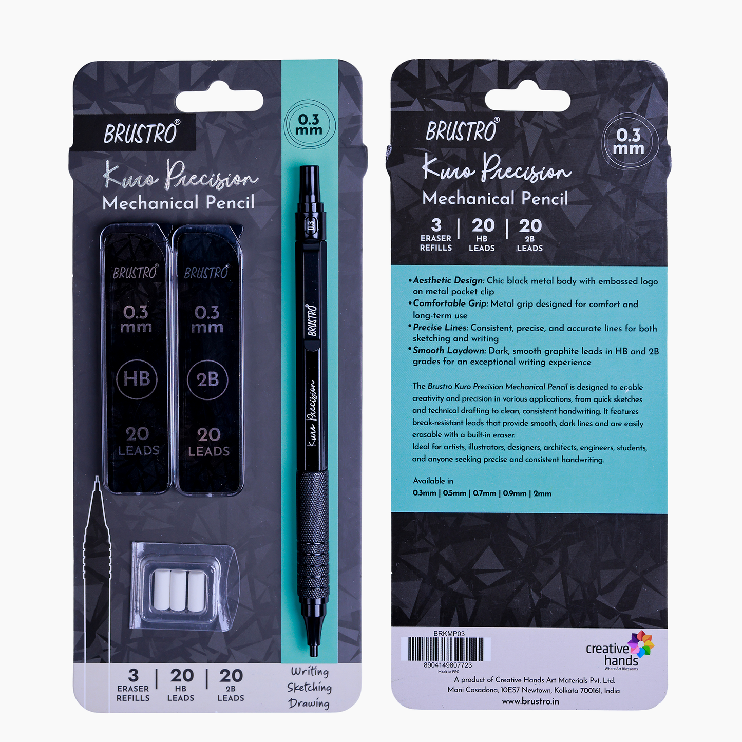 Brustro Kuro Precision Mechanical Pencil | Tip Size - 0.3mm With 20 - HB and 20 - 2B leads , 3 Eraser Refills| Ideal For Writing, Sketching, Drawing, Mandala Arts and Fine Art Students