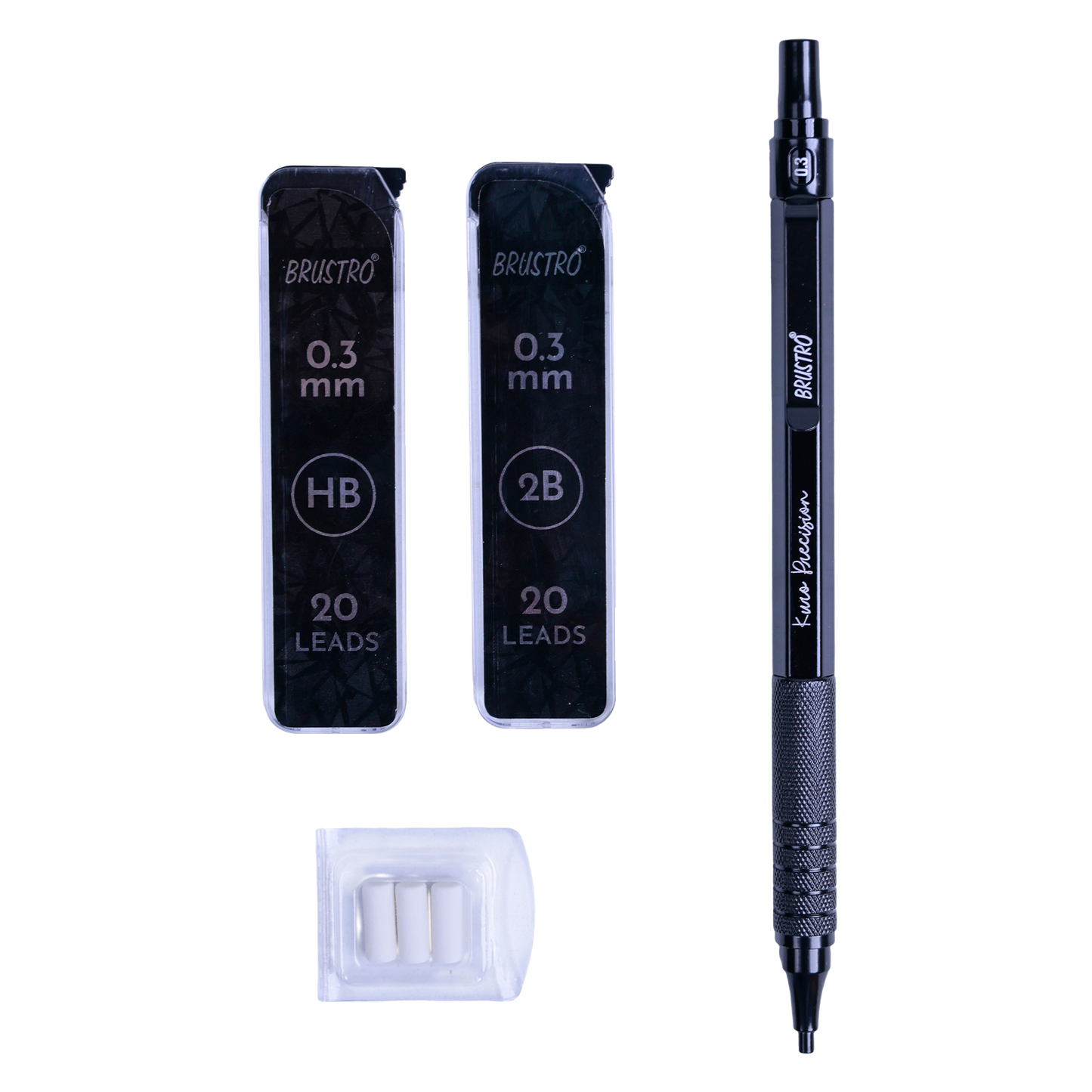 Brustro Kuro Precision Mechanical Pencil | Tip Size - 0.3mm With 20 - HB and 20 - 2B leads , 3 Eraser Refills| Ideal For Writing, Sketching, Drawing, Mandala Arts and Fine Art Students