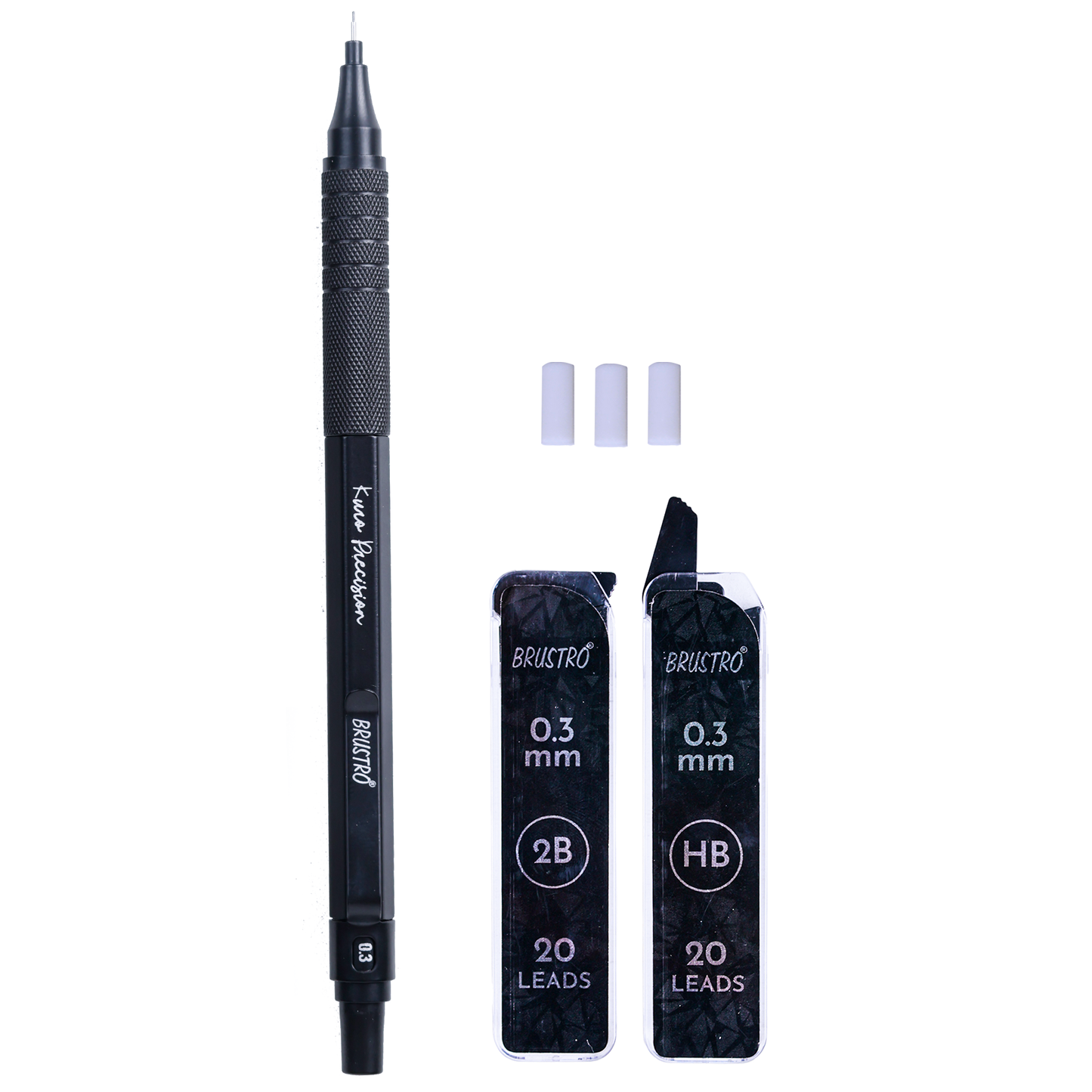 Brustro Kuro Precision Mechanical Pencil | Tip Size - 0.3mm With 20 - HB and 20 - 2B leads , 3 Eraser Refills