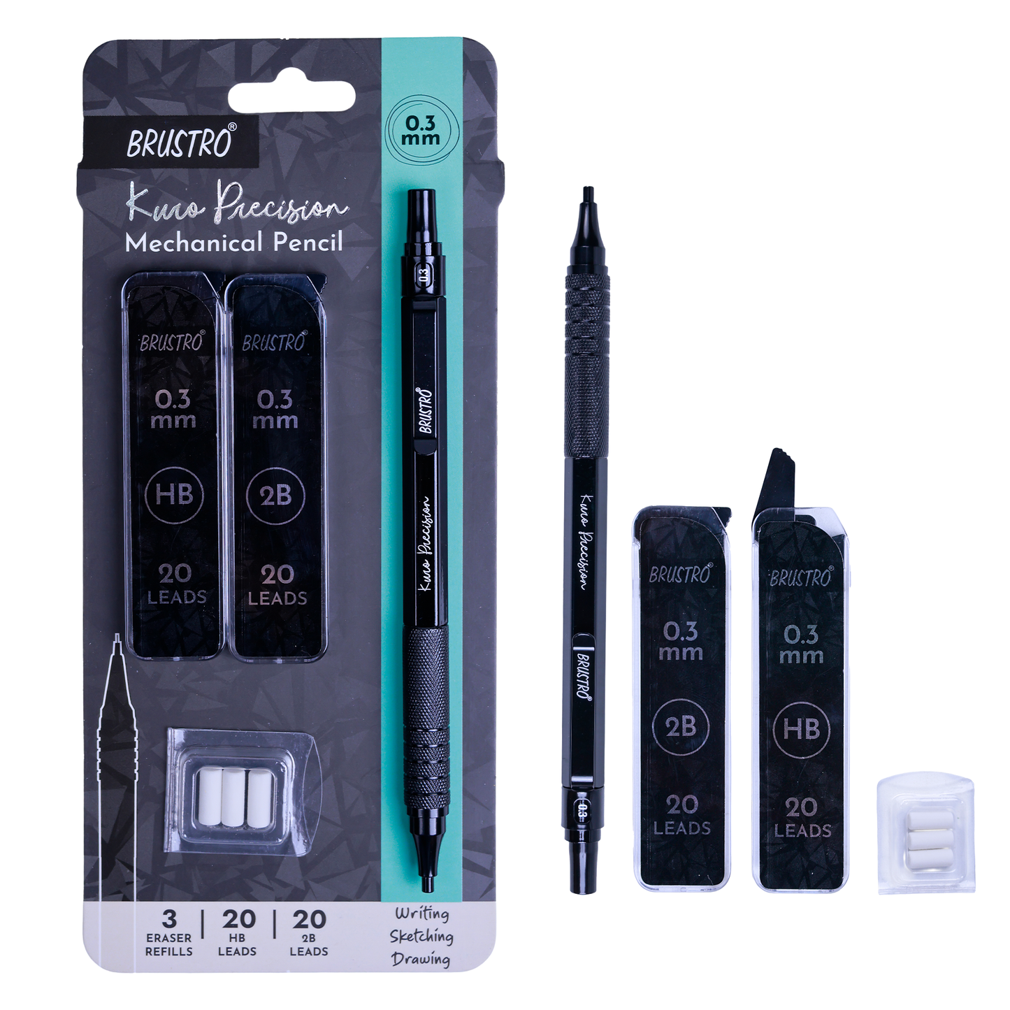 Brustro Kuro Precision Mechanical Pencil | Tip Size - 0.3mm With 20 - HB and 20 - 2B leads , 3 Eraser Refills| Ideal For Writing, Sketching, Drawing, Mandala Arts and Fine Art Students