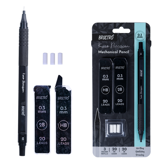 Brustro Kuro Precision Mechanical Pencil | Tip Size - 0.3mm With 20 - HB and 20 - 2B leads , 3 Eraser Refills
