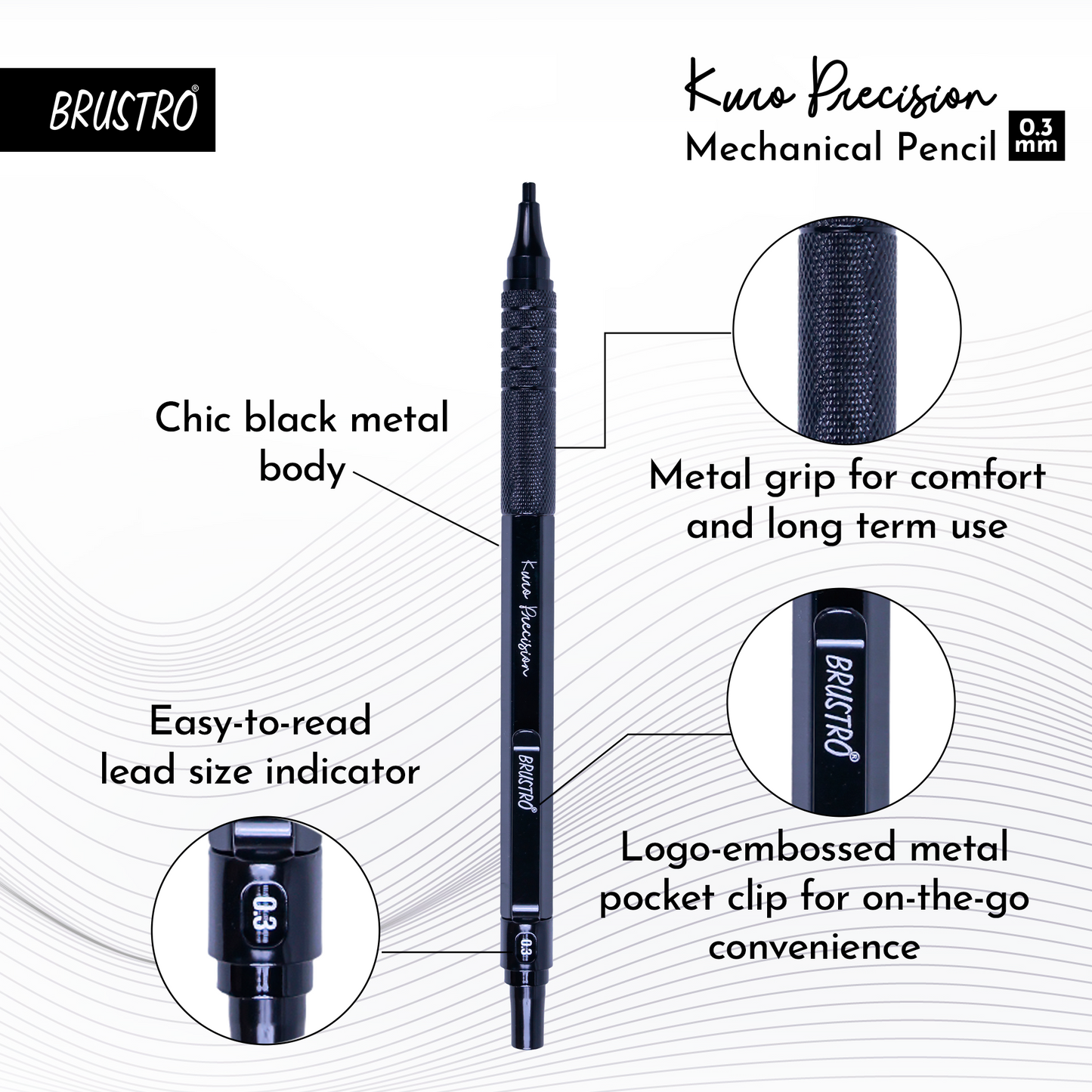 Brustro Kuro Precision Mechanical Pencil | Tip Size - 0.3mm With 20 - HB and 20 - 2B leads , 3 Eraser Refills| Ideal For Writing, Sketching, Drawing, Mandala Arts and Fine Art Students