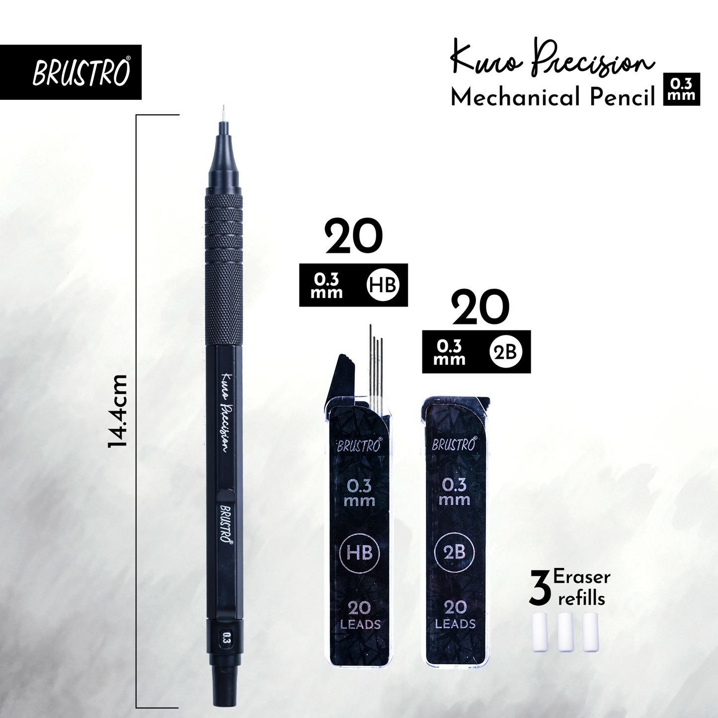 Brustro Kuro Precision Mechanical Pencil | Tip Size - 0.3mm With 20 - HB and 20 - 2B leads , 3 Eraser Refills
