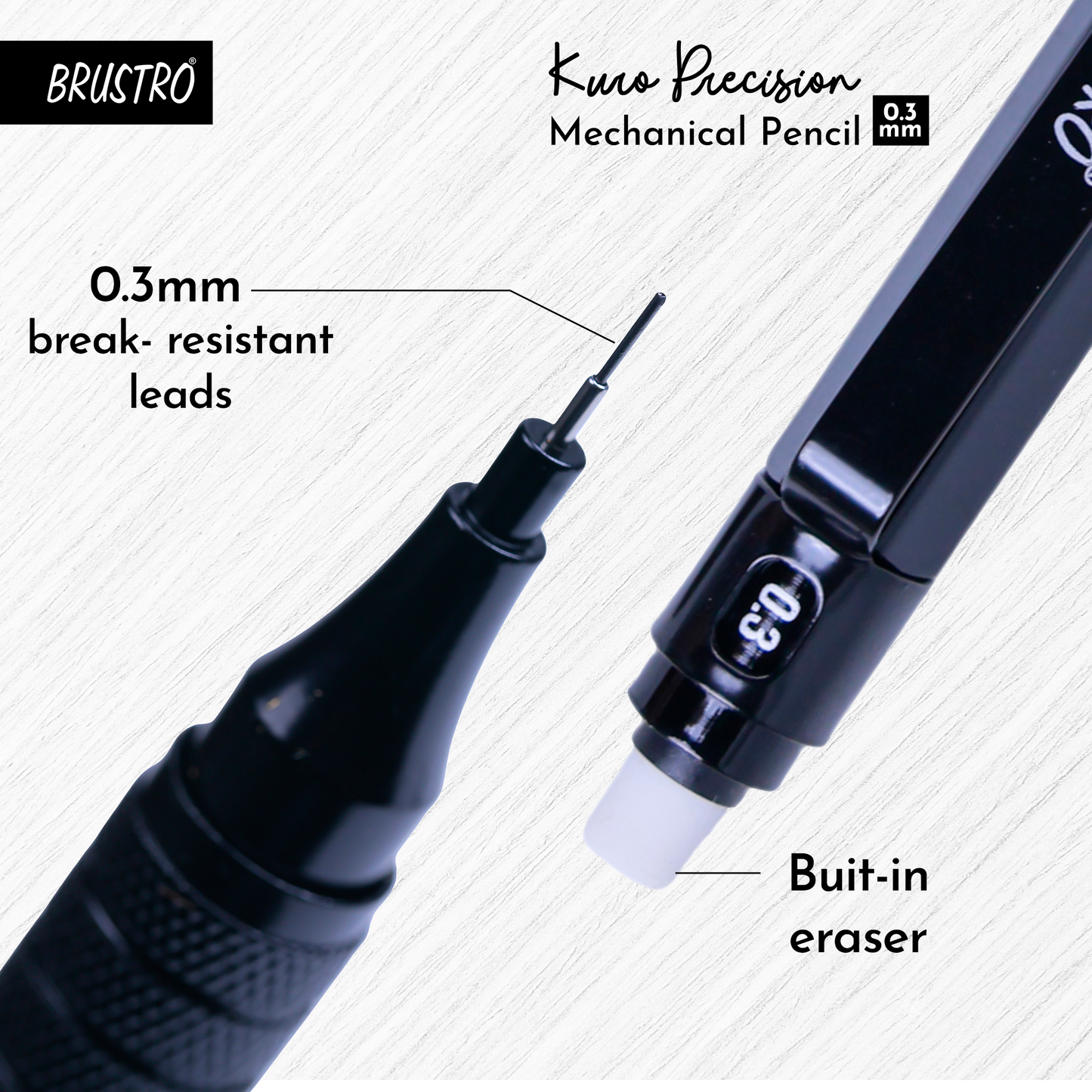 Brustro Kuro Precision Mechanical Pencil | Tip Size - 0.3mm With 20 - HB and 20 - 2B leads , 3 Eraser Refills