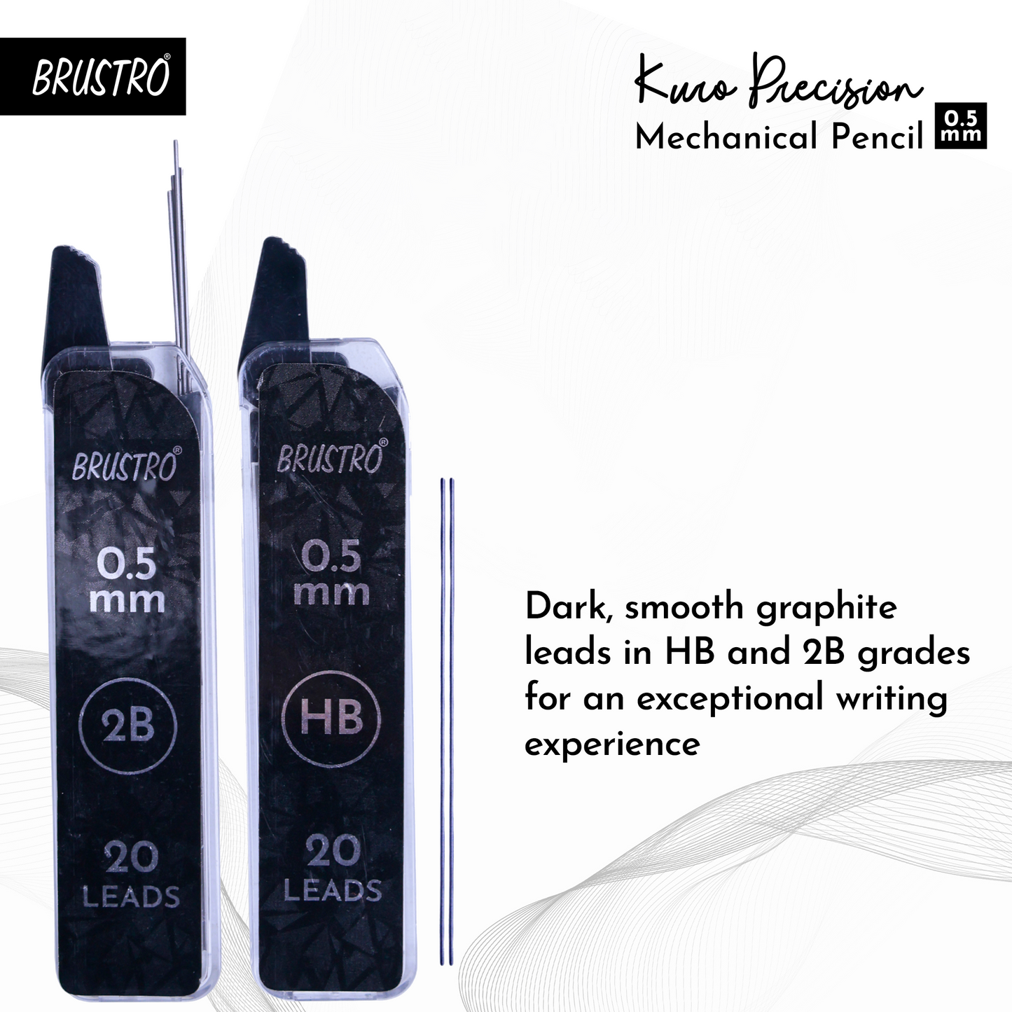 Brustro Kuro Precision Mechanical Pencil | Tip Size - 0.5mm With 20 - HB and 20 - 2B leads , 3 Eraser Refills