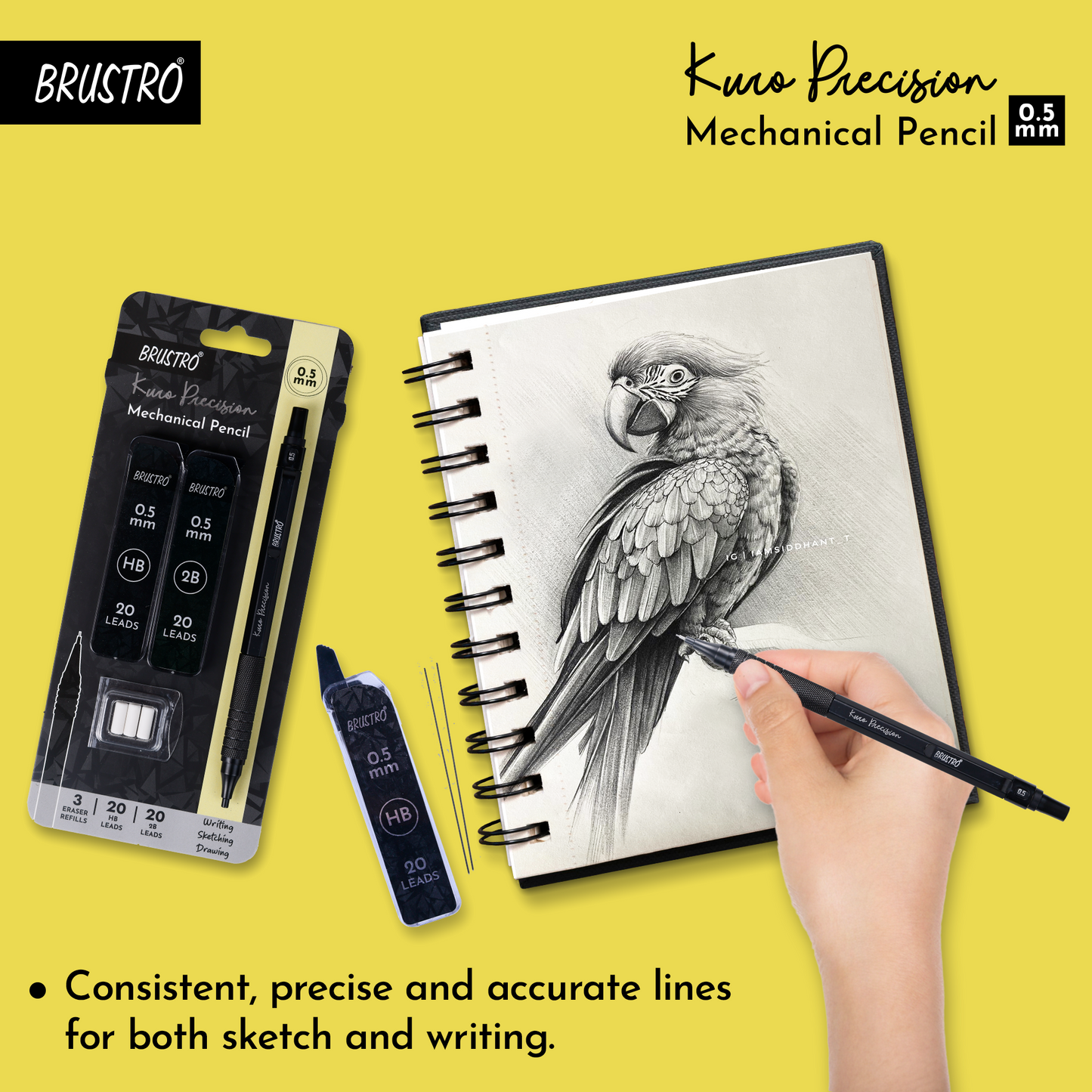 Brustro Kuro Precision Mechanical Pencil | Tip Size - 0.5mm With 20 - HB and 20 - 2B leads , 3 Eraser Refills