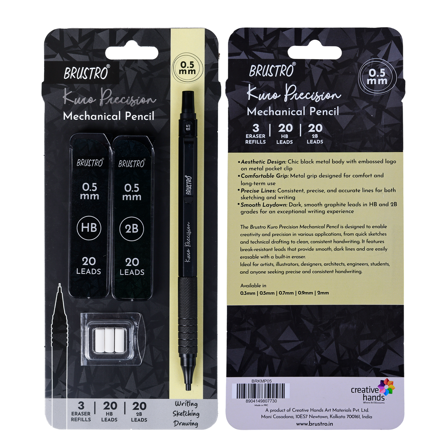 Brustro Kuro Precision Mechanical Pencil | Tip Size - 0.5mm With 20 - HB and 20 - 2B leads , 3 Eraser Refills