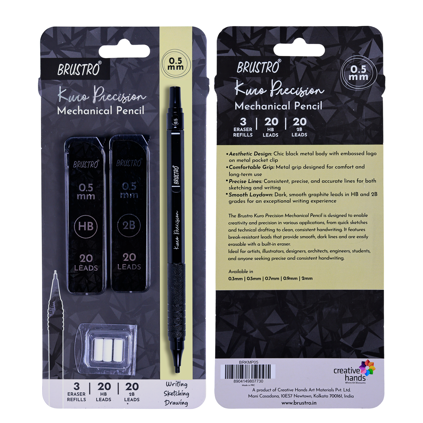 Brustro Kuro Precision Mechanical Pencil | Tip Size - 0.5mm With 20 - HB and 20 - 2B leads , 3 Eraser Refills| Ideal For Writing, Sketching, Drawing, Mandala Arts and Fine Art Students