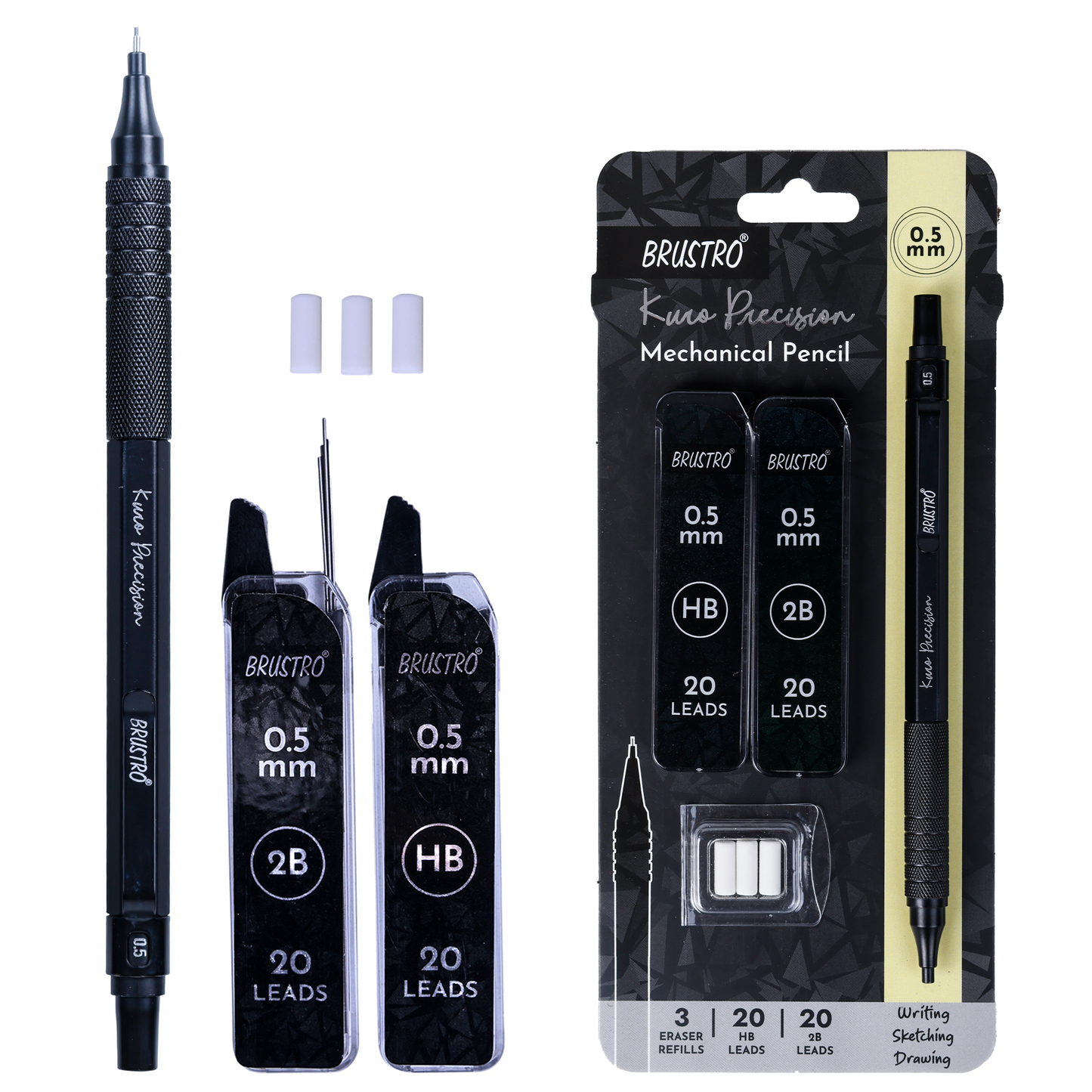 Brustro Kuro Precision Mechanical Pencil | Tip Size - 0.5mm With 20 - HB and 20 - 2B leads , 3 Eraser Refills