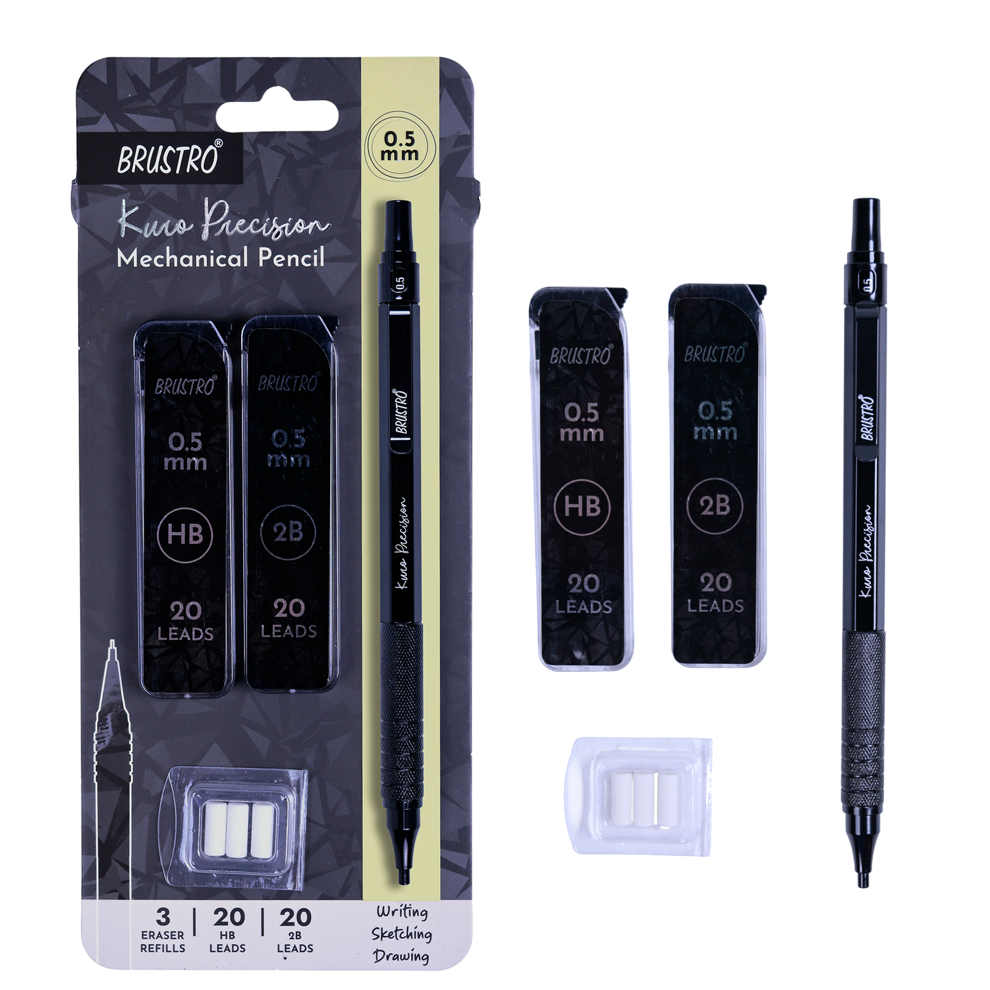 Brustro Kuro Precision Mechanical Pencil | Tip Size - 0.5mm With 20 - HB and 20 - 2B leads , 3 Eraser Refills| Ideal For Writing, Sketching, Drawing, Mandala Arts and Fine Art Students