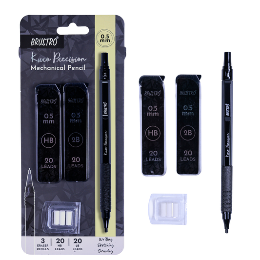 Brustro Kuro Precision Mechanical Pencil | Tip Size - 0.5mm With 20 - HB and 20 - 2B leads , 3 Eraser Refills| Ideal For Writing, Sketching, Drawing, Mandala Arts and Fine Art Students