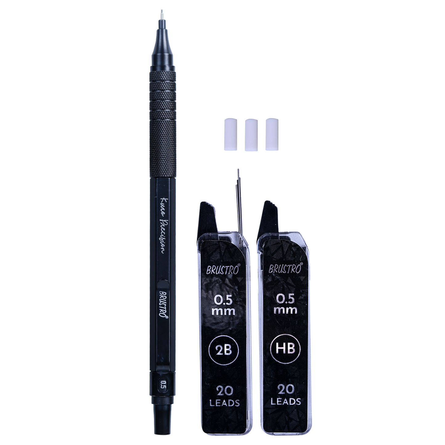 Brustro Kuro Precision Mechanical Pencil | Tip Size - 0.5mm With 20 - HB and 20 - 2B leads , 3 Eraser Refills