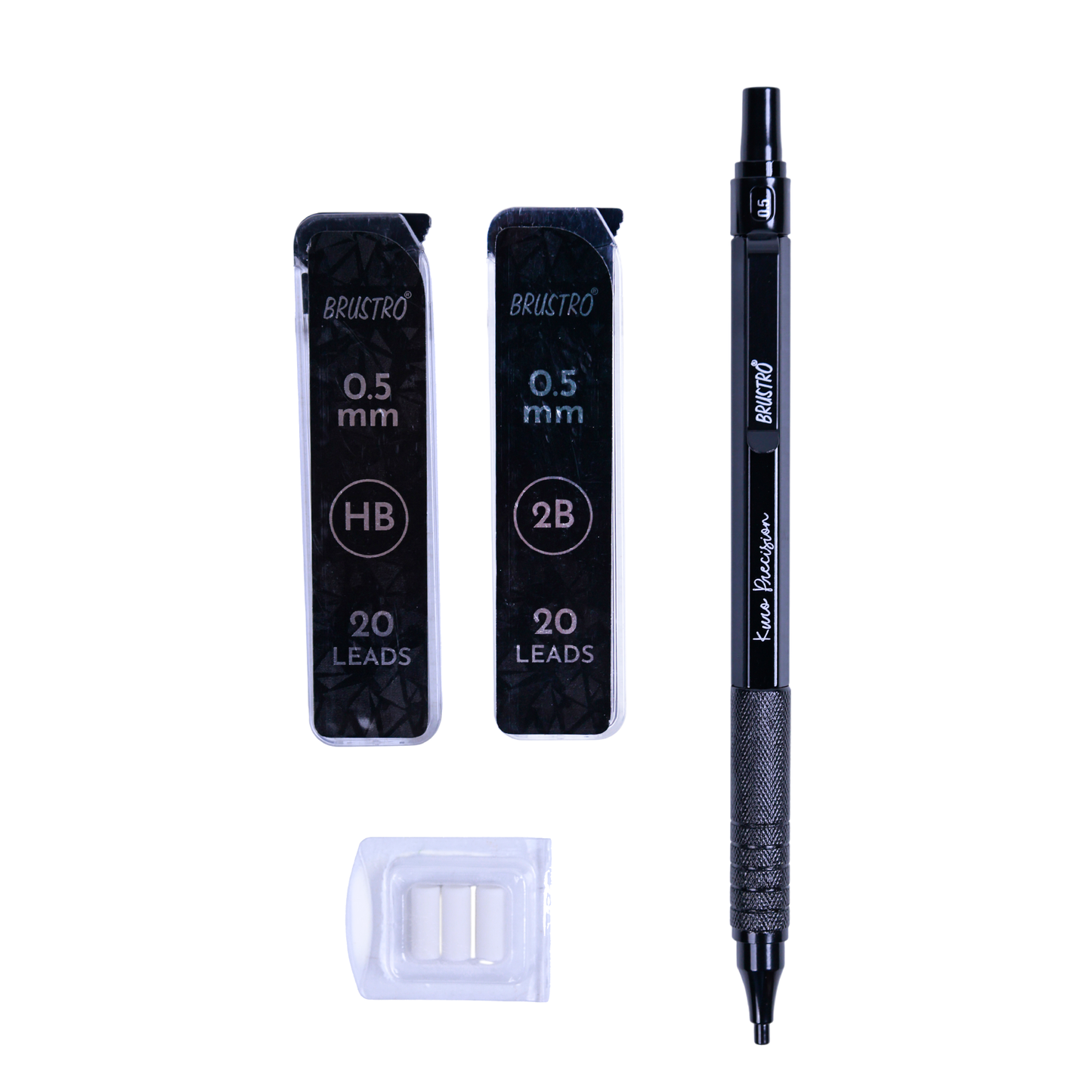 Brustro Kuro Precision Mechanical Pencil | Tip Size - 0.5mm With 20 - HB and 20 - 2B leads , 3 Eraser Refills| Ideal For Writing, Sketching, Drawing, Mandala Arts and Fine Art Students
