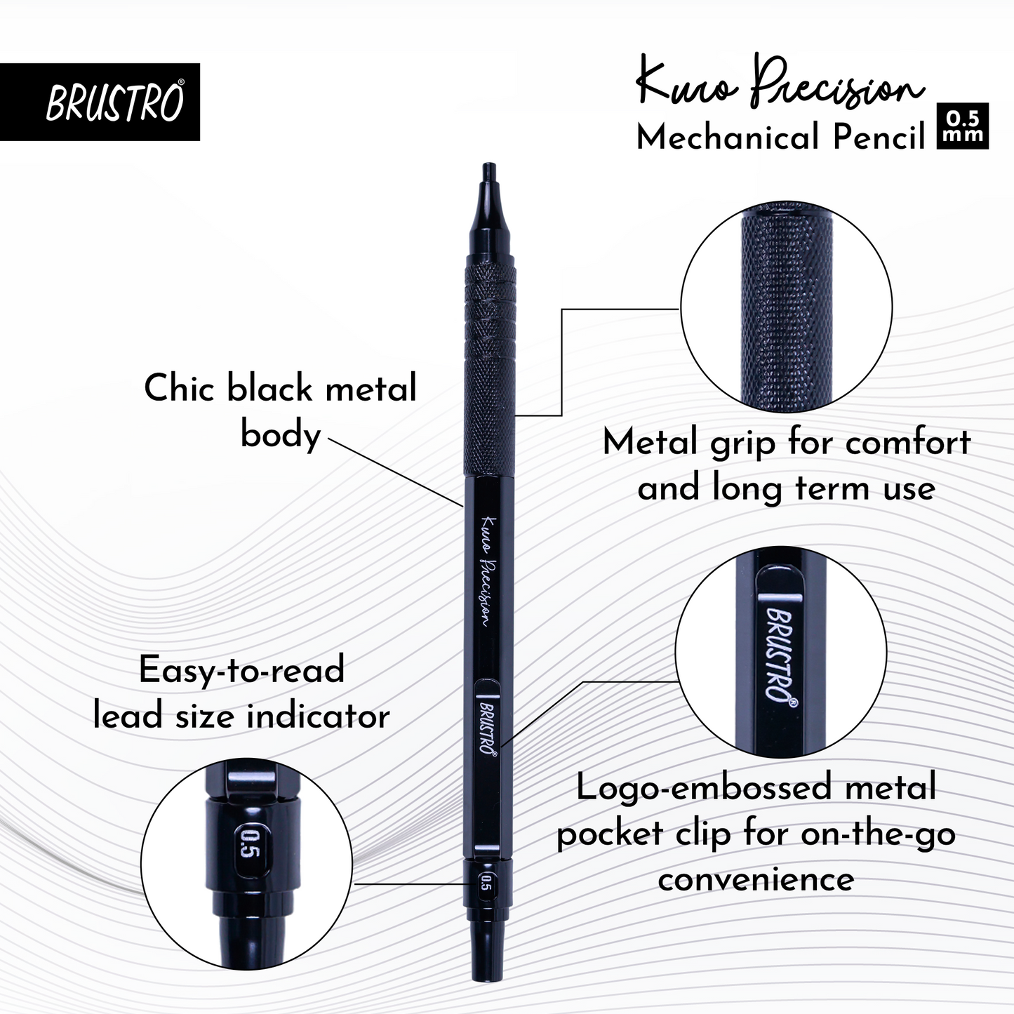 Brustro Kuro Precision Mechanical Pencil | Tip Size - 0.5mm With 20 - HB and 20 - 2B leads , 3 Eraser Refills