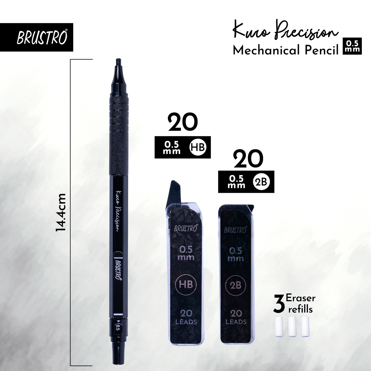 Brustro Kuro Precision Mechanical Pencil | Tip Size - 0.5mm With 20 - HB and 20 - 2B leads , 3 Eraser Refills