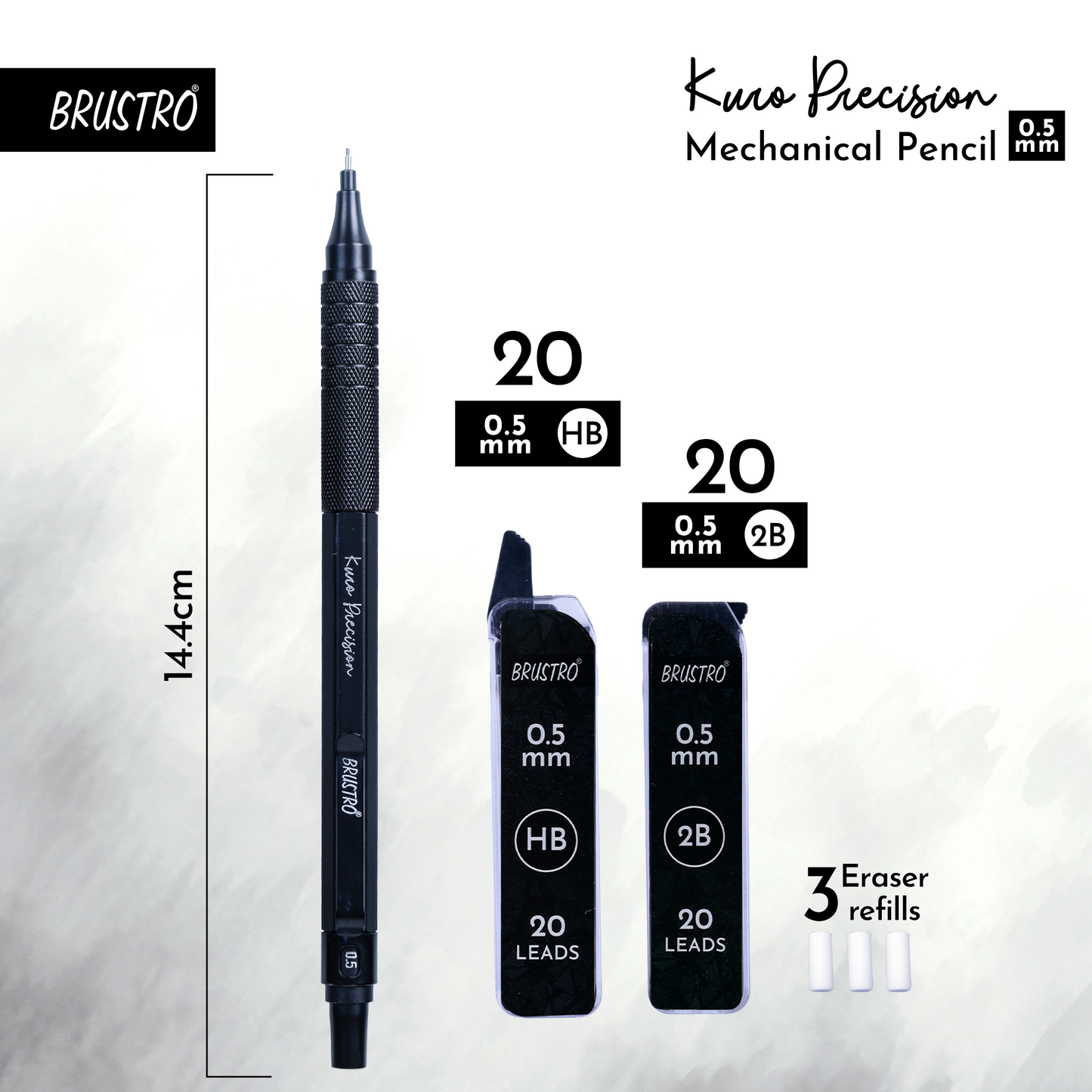 Brustro Kuro Precision Mechanical Pencil | Tip Size - 0.5mm With 20 - HB and 20 - 2B leads , 3 Eraser Refills