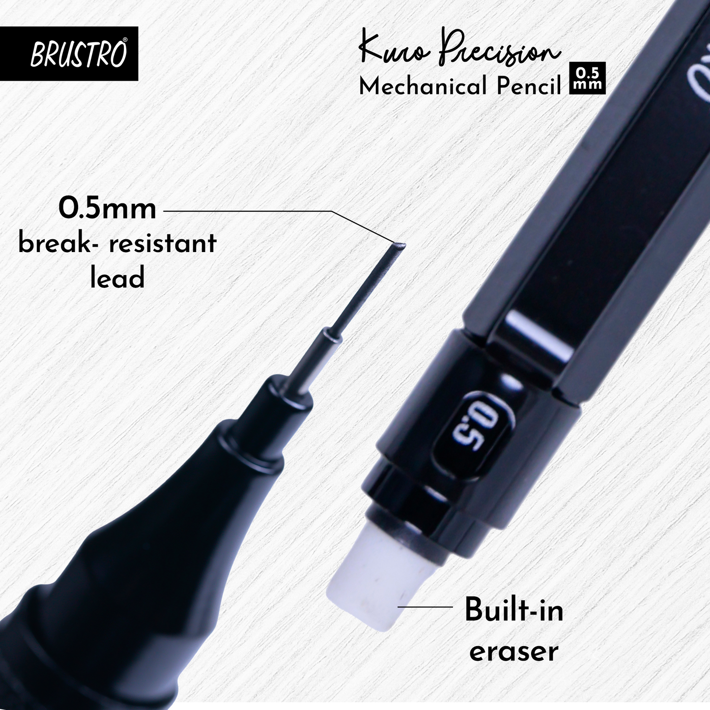 Brustro Kuro Precision Mechanical Pencil | Tip Size - 0.5mm With 20 - HB and 20 - 2B leads , 3 Eraser Refills