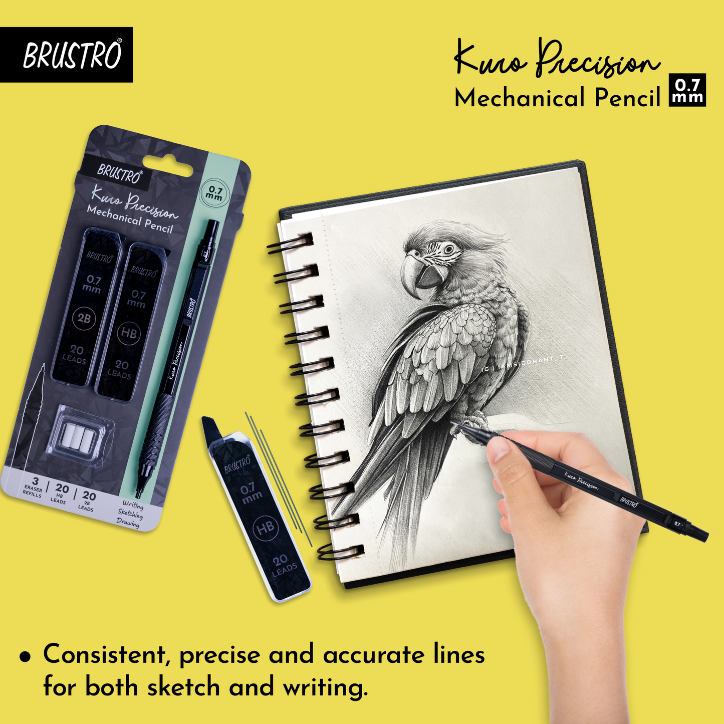 Brustro Kuro Precision Mechanical Pencil | Tip Size - 0.7mm With 20 - HB and 20 - 2B leads , 3 Eraser Refills