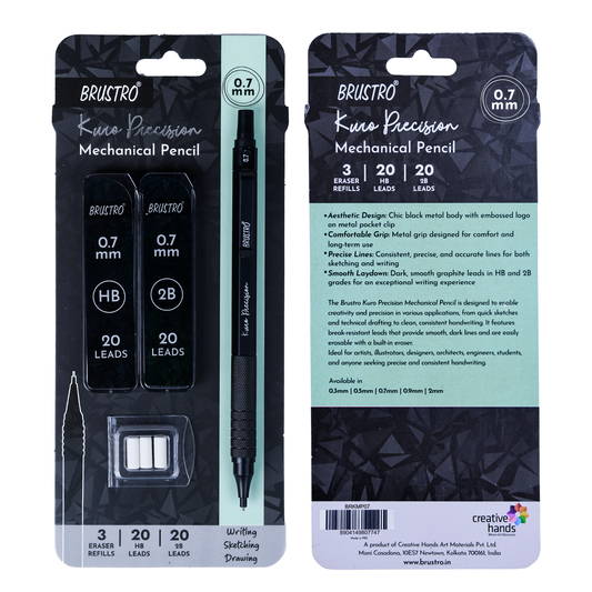 Brustro Kuro Precision Mechanical Pencil | Tip Size - 0.7mm With 20 - HB and 20 - 2B leads , 3 Eraser Refills