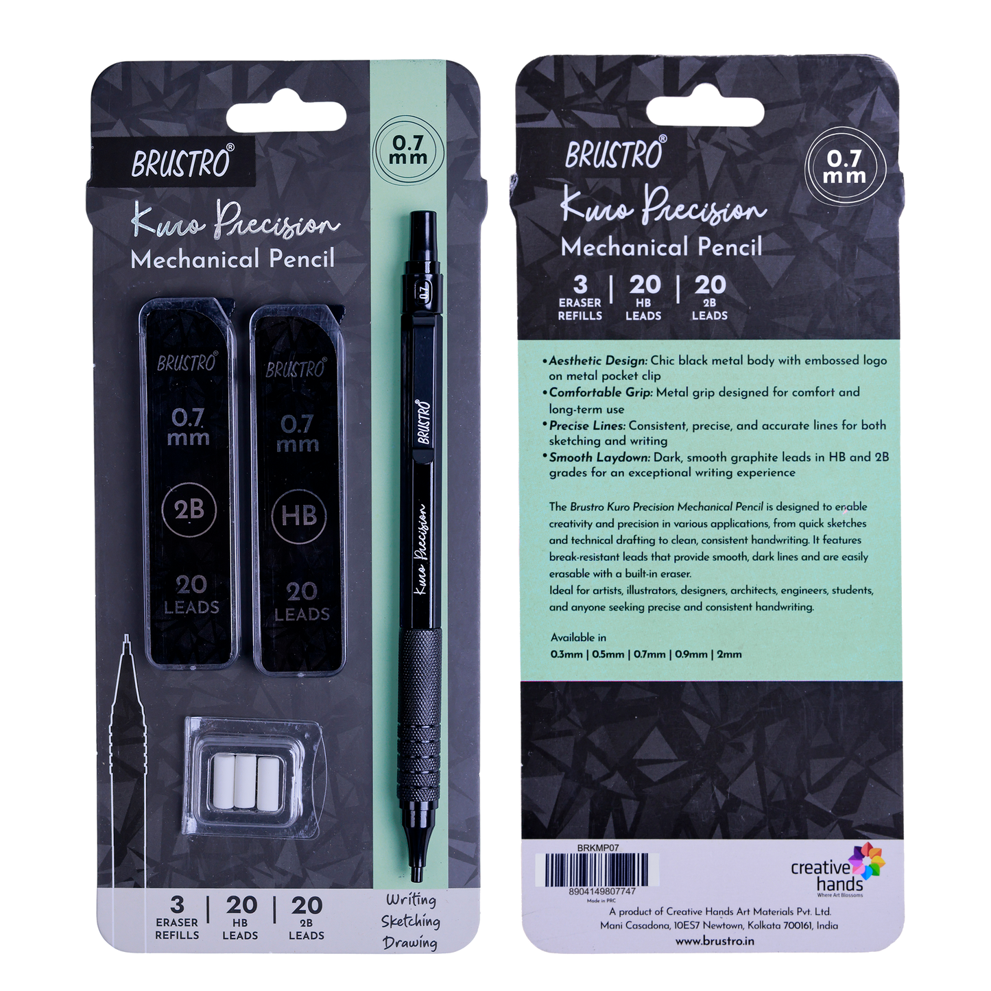 Brustro Kuro Precision Mechanical Pencil | Tip Size - 0.7mm With 20 - HB and 20 - 2B leads , 3 Eraser Refills| Ideal For Writing, Sketching, Drawing, Mandala Arts and Fine Art Students