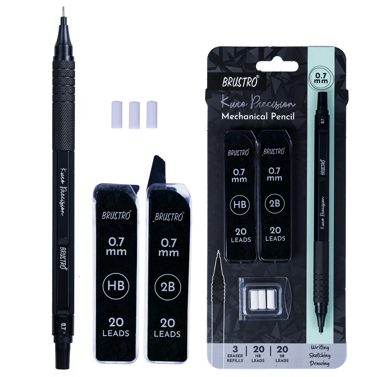 Brustro Kuro Precision Mechanical Pencil | Tip Size - 0.7mm With 20 - HB and 20 - 2B leads , 3 Eraser Refills